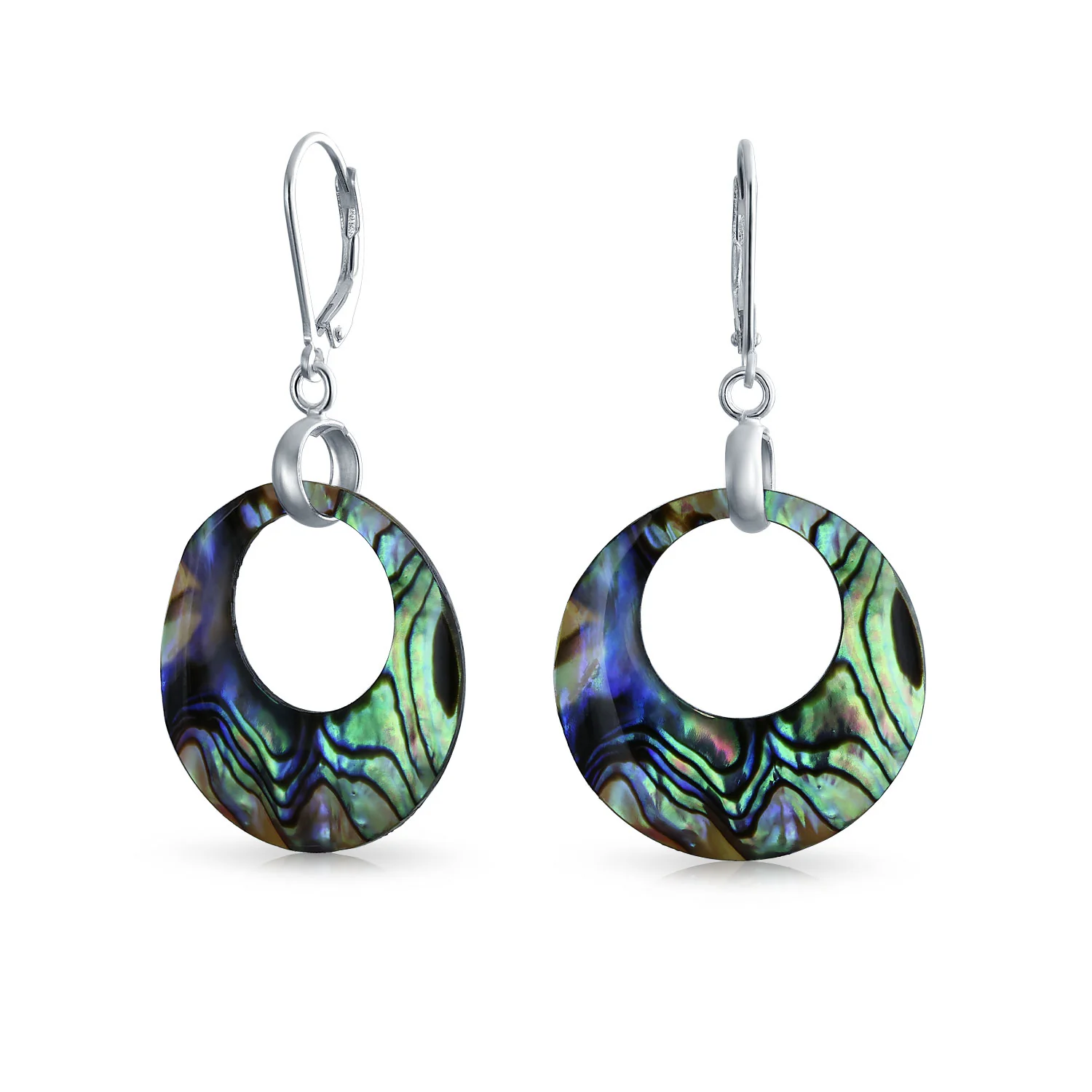 Rainbow Iridescent Abalone Dangle Earrings Sterling Silver Circle Hoop
