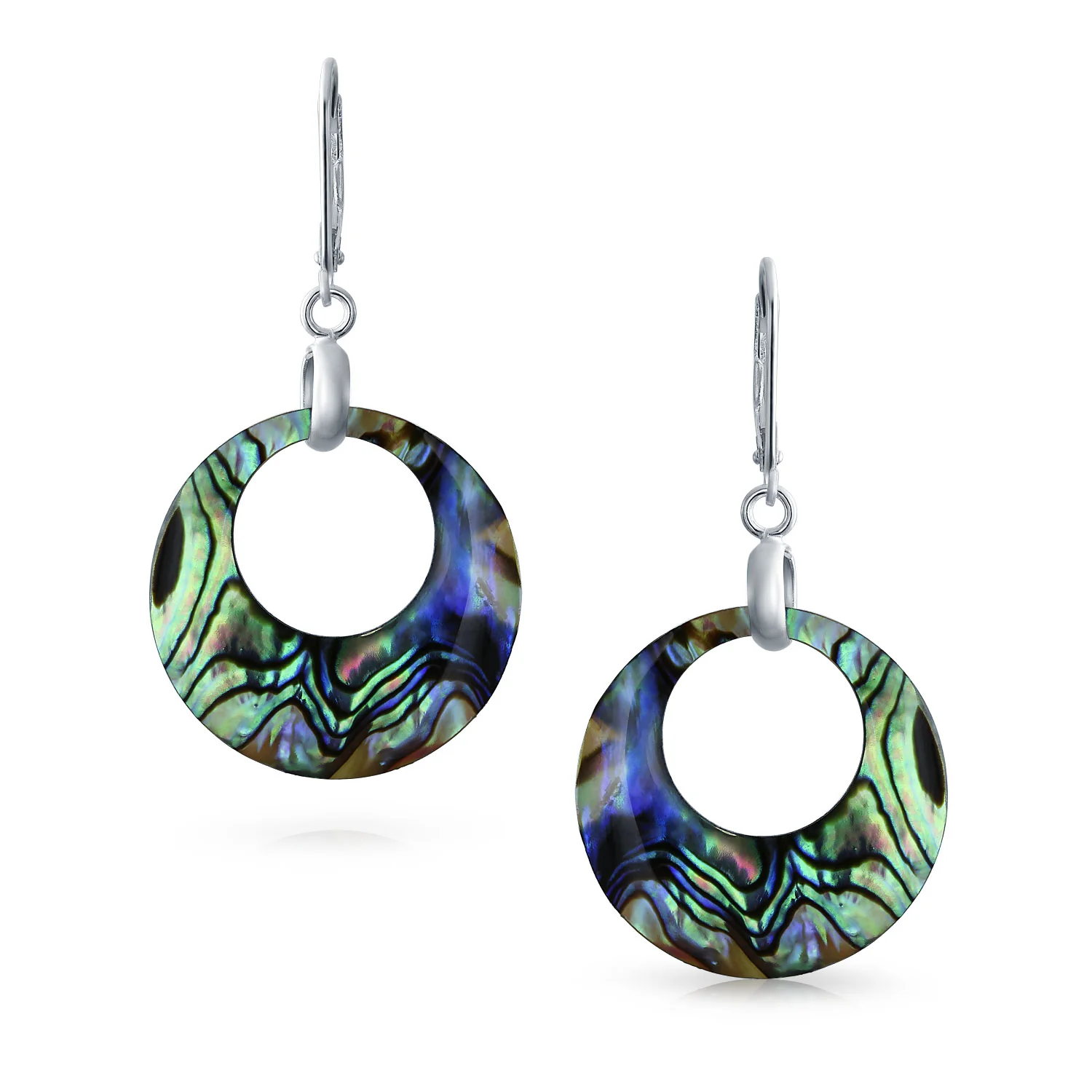 Rainbow Iridescent Abalone Dangle Earrings Sterling Silver Circle Hoop - Image 2
