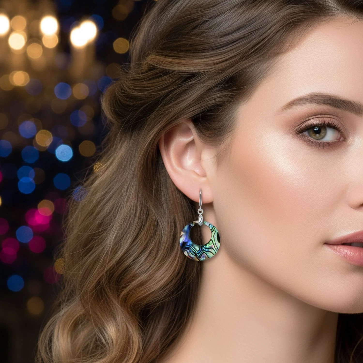 Rainbow Iridescent Abalone Dangle Earrings Sterling Silver Circle Hoop - Image 3