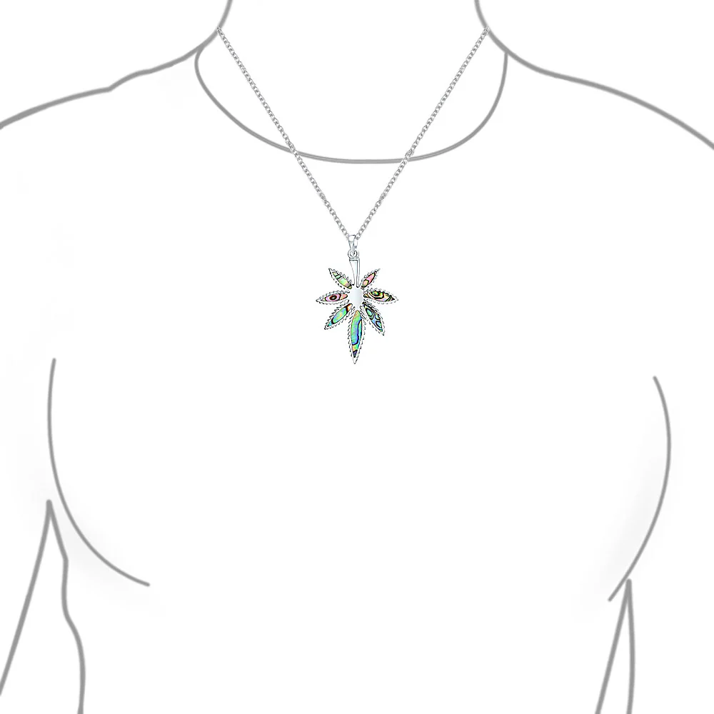 Large Rainbow Abalone Shell Inlay Marijuana Leaf Dangle Pendant Necklace Sterling Silver With Chain - Image 3