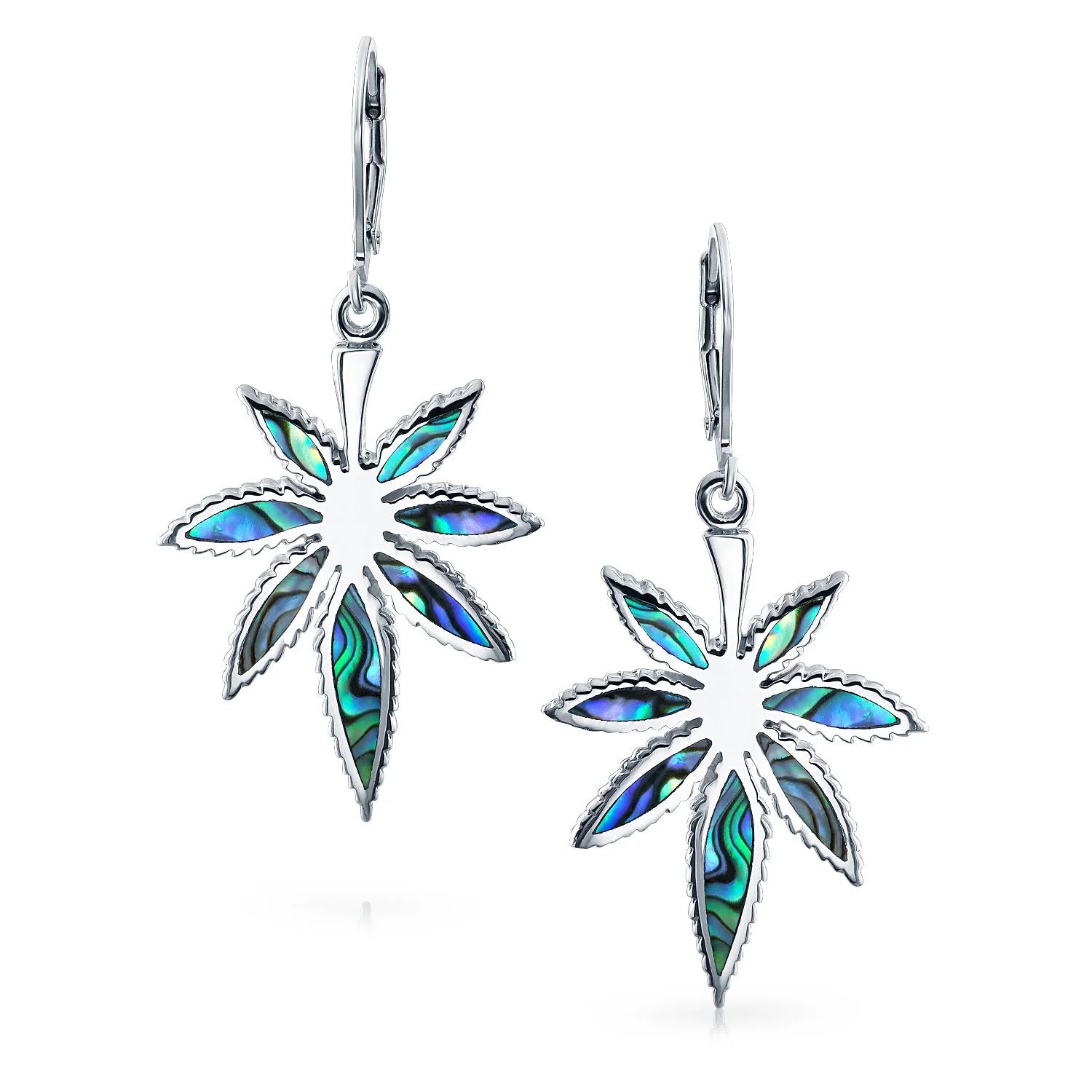 Iridescent Inlay Abalone Shell Marijuana Leaf Motif Dangle Earrings Sterling .925 Silver Leverback - Image 2