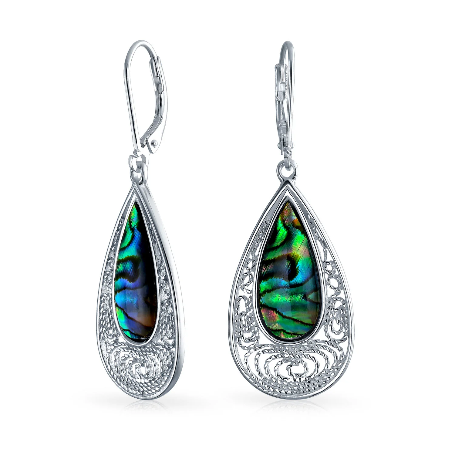 Bali Style Filigree Large Iridescent Abalone Shell Teardrop Earrings .925 Sterling Silver Leverback