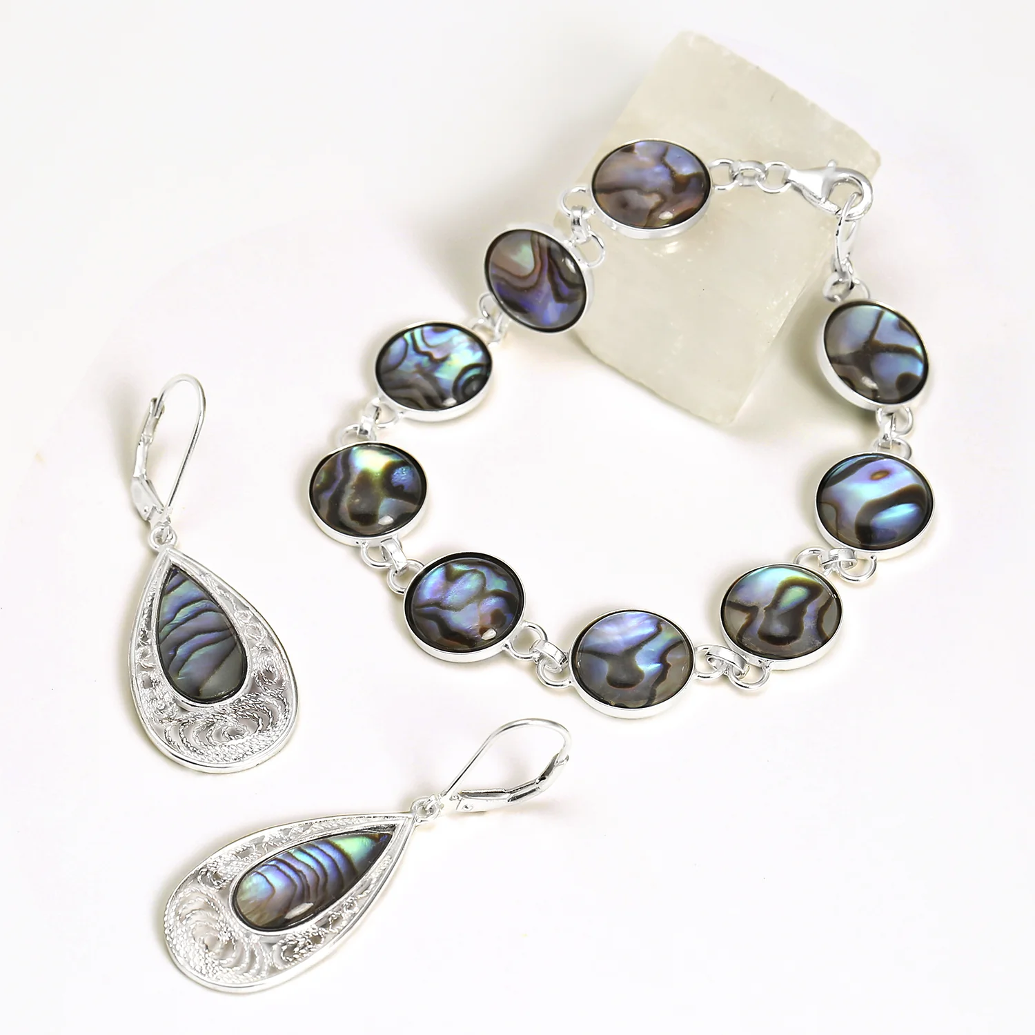 Bali Style Filigree Large Iridescent Abalone Shell Teardrop Earrings .925 Sterling Silver Leverback - Image 4