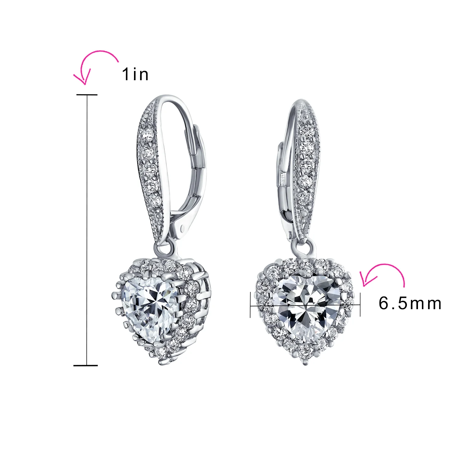 Bridal Romantic Red Pink CZ Heart Dangle Chandelier Earrings Rhodium Plated - Image 10