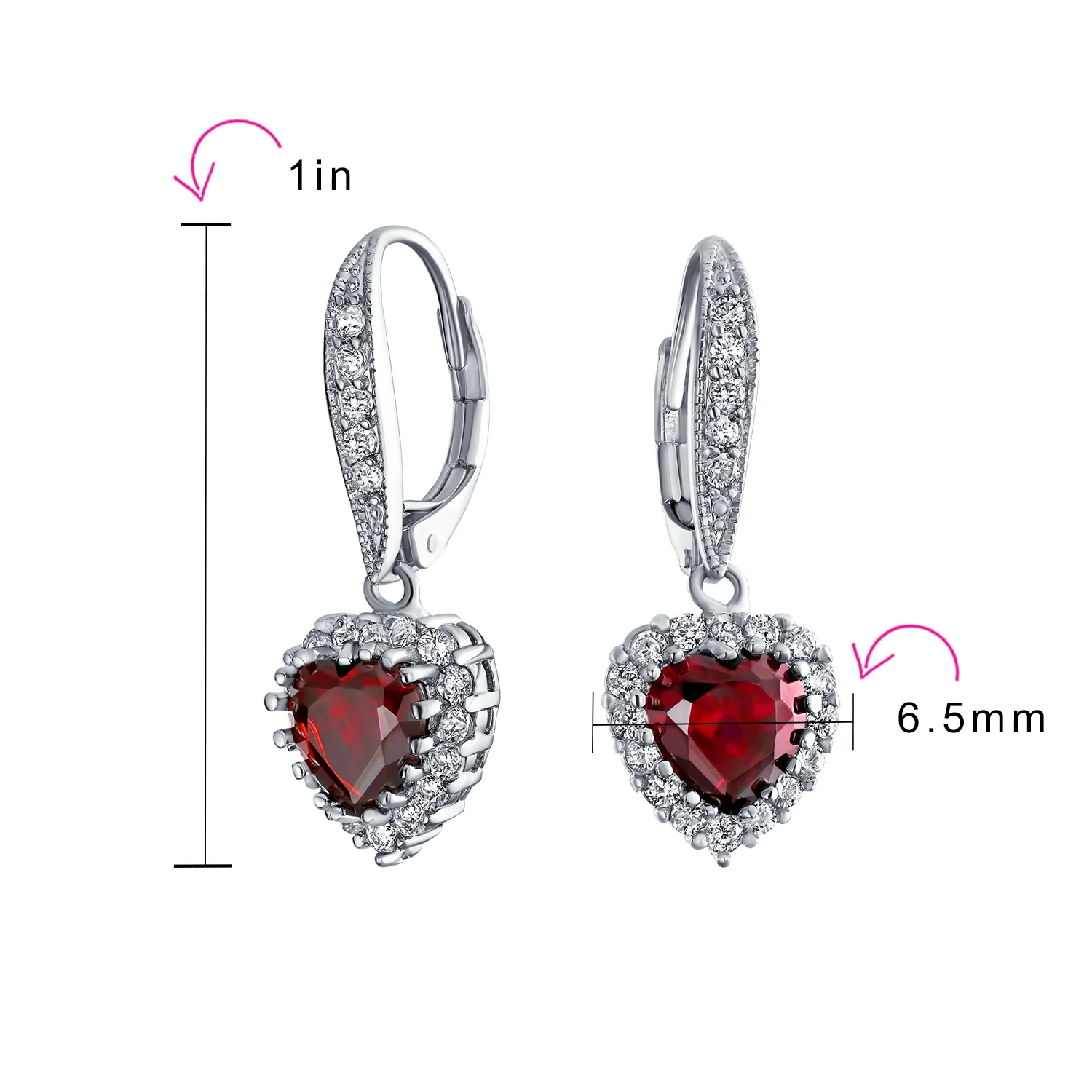 Bridal Romantic Red Pink CZ Heart Dangle Chandelier Earrings Rhodium Plated - Image 11