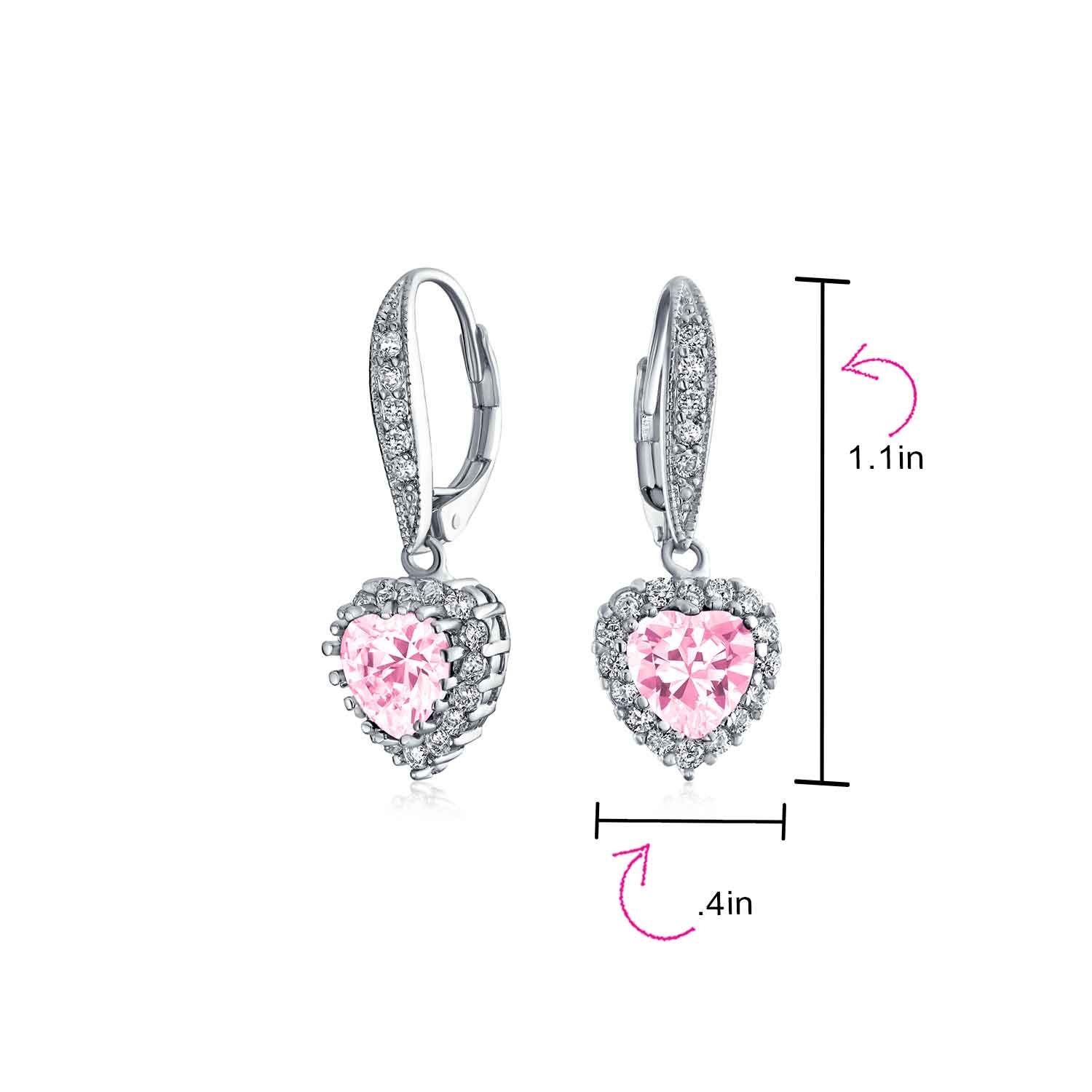 Bridal Romantic Red Pink CZ Heart Dangle Chandelier Earrings Rhodium Plated - Image 12