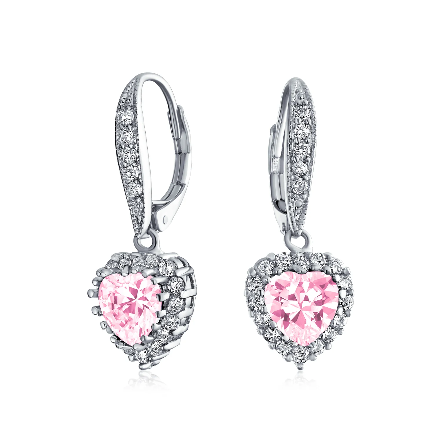 Bridal Romantic Red Pink CZ Heart Dangle Chandelier Earrings Rhodium Plated - Image 3