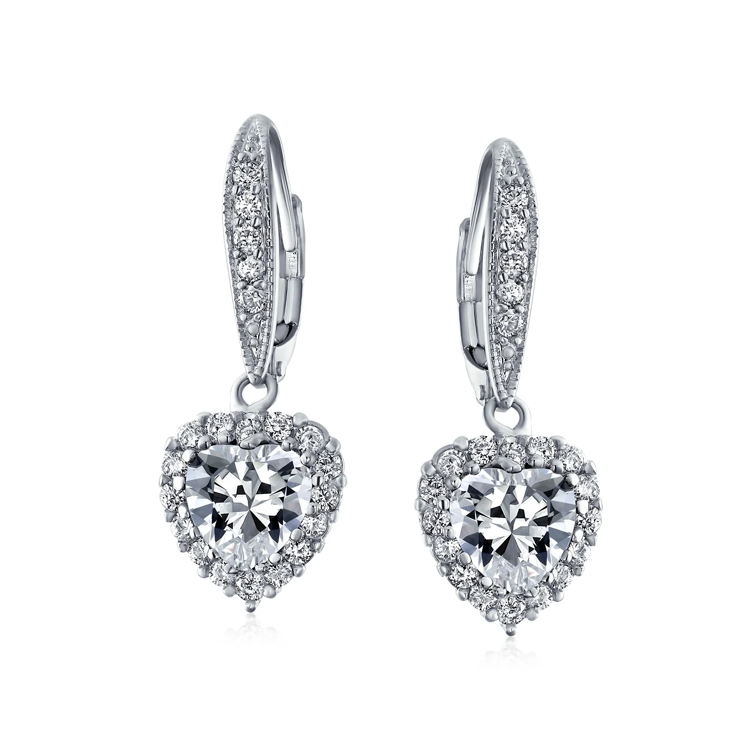 Bridal Romantic Red Pink CZ Heart Dangle Chandelier Earrings Rhodium Plated - Image 4