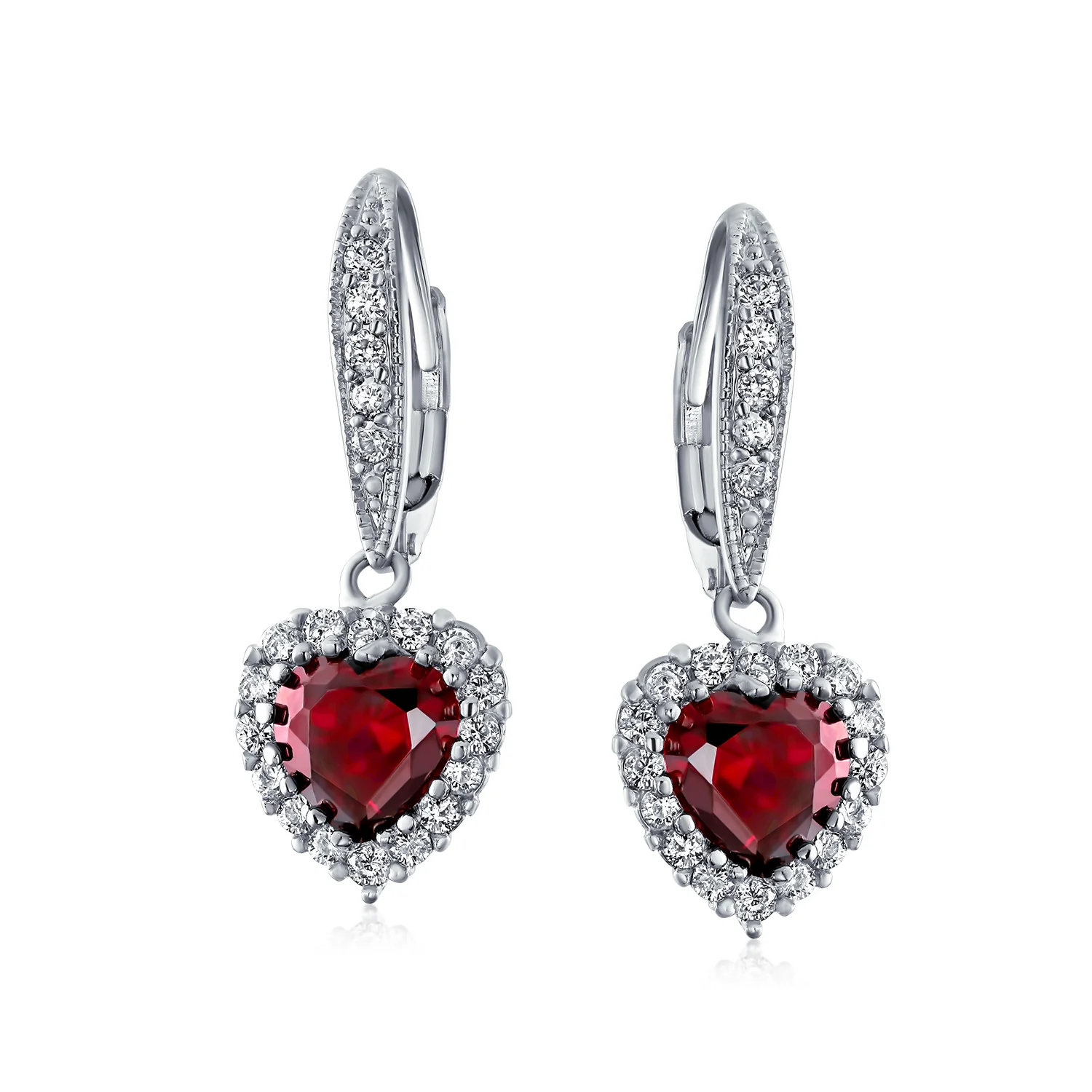 Bridal Romantic Red Pink CZ Heart Dangle Chandelier Earrings Rhodium Plated - Image 5