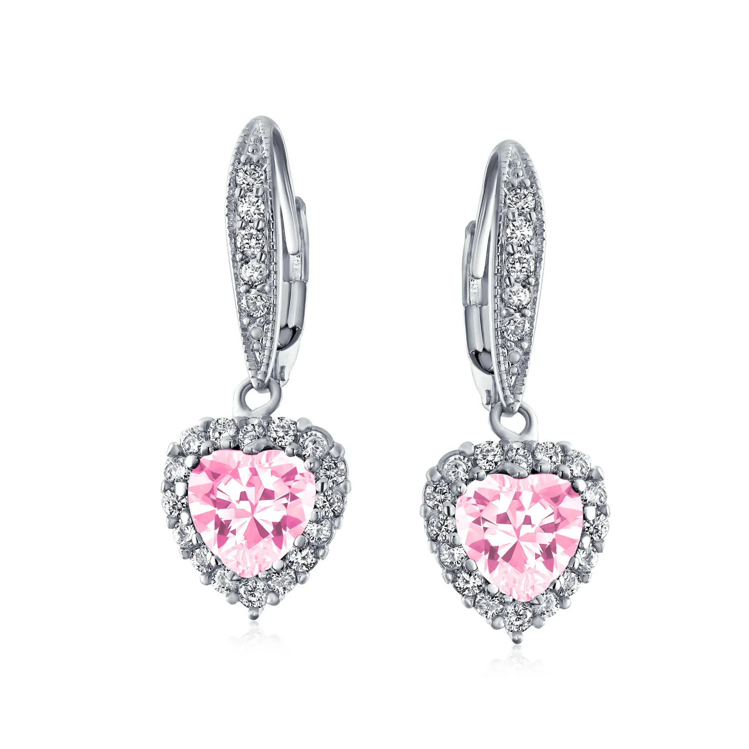 Bridal Romantic Red Pink CZ Heart Dangle Chandelier Earrings Rhodium Plated - Image 6