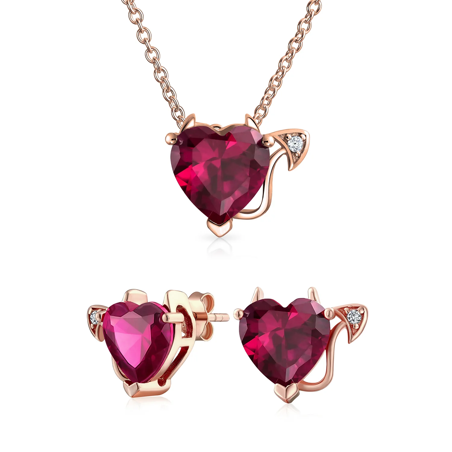 Whimsical Cubic Zirconia Ruby Red CZ Devil Heart Stud Earring Pendant Jewelry Set Sterling Silver