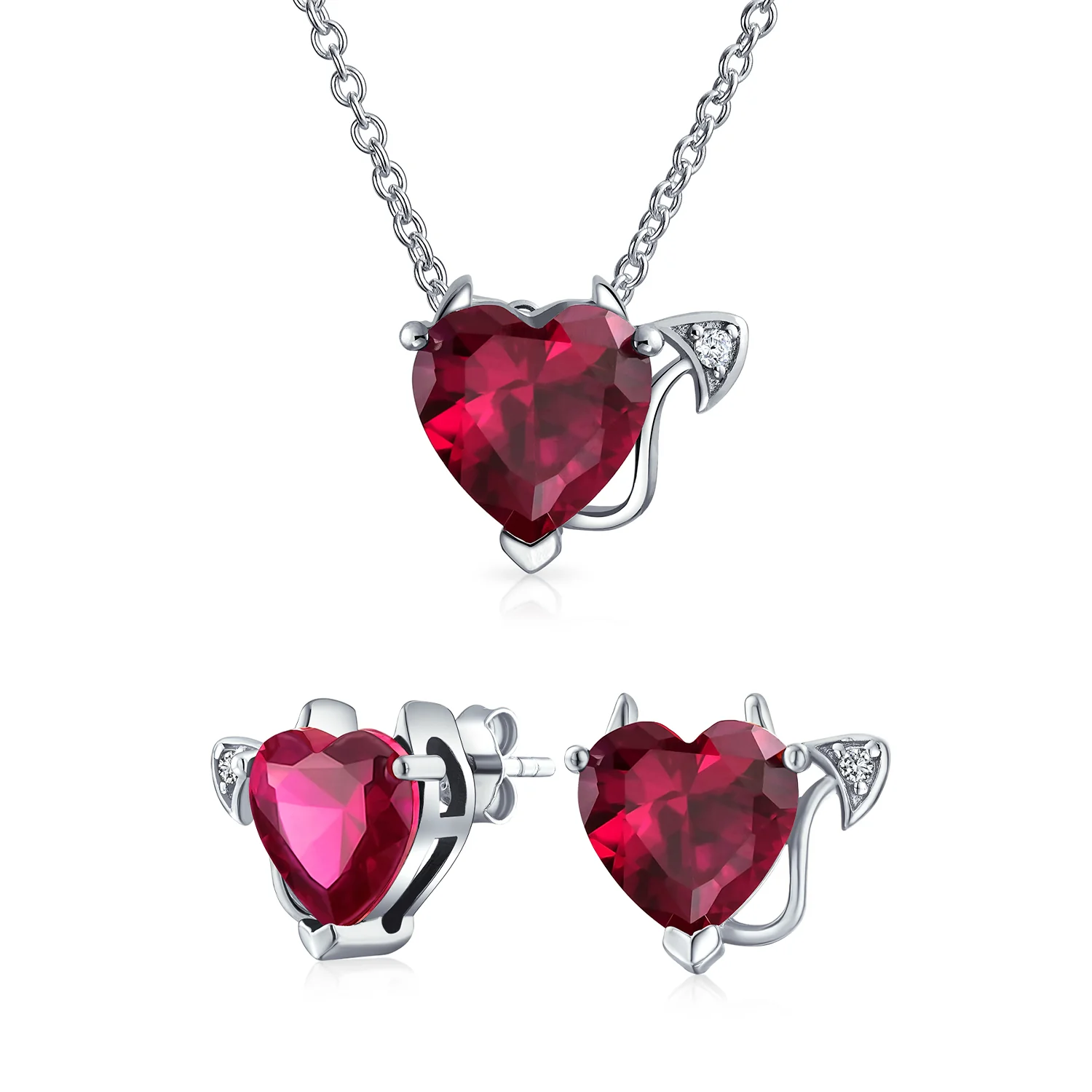 Whimsical Cubic Zirconia Ruby Red CZ Devil Heart Stud Earring Pendant Jewelry Set Sterling Silver - Image 2