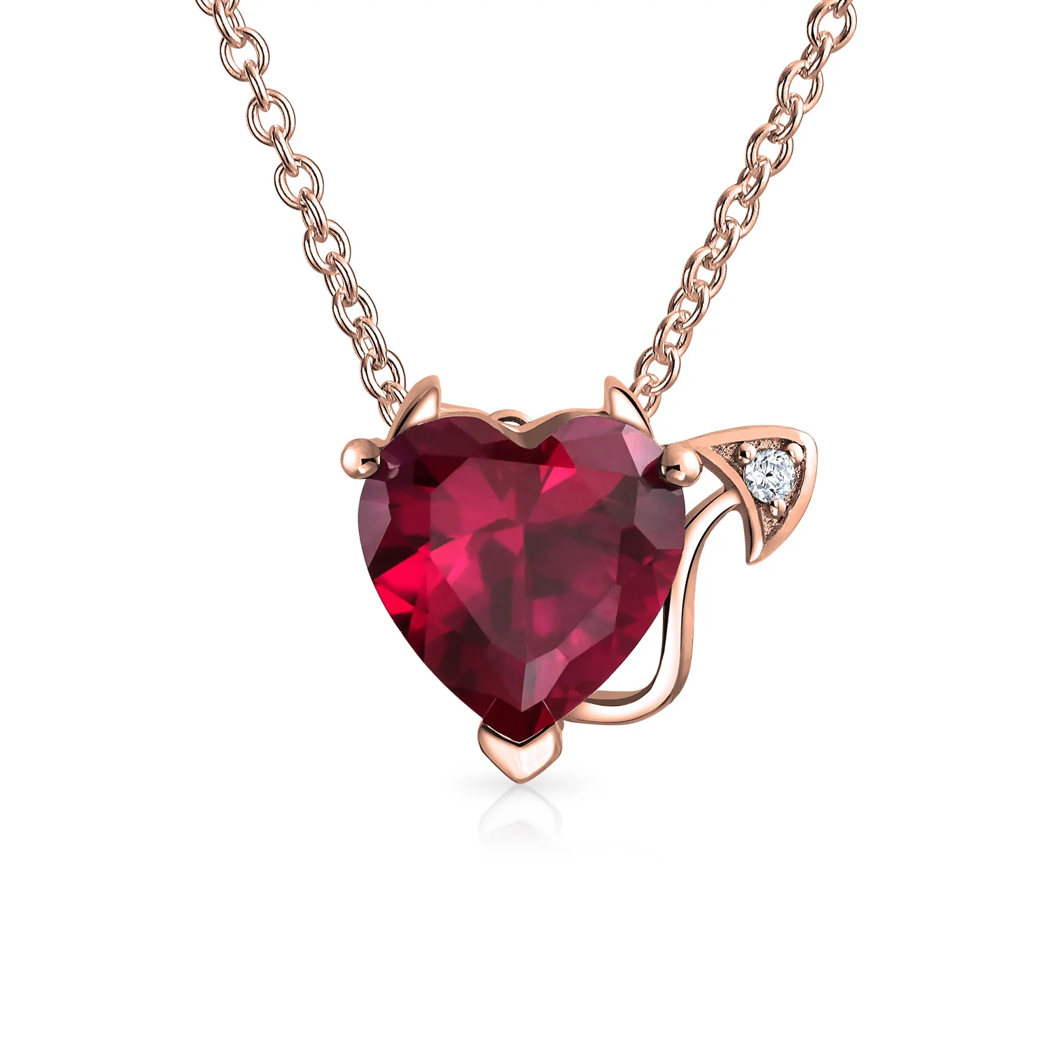 Whimsical Cubic Zirconia Ruby Red CZ Devil Heart Stud Earring Pendant Jewelry Set Sterling Silver - Image 3