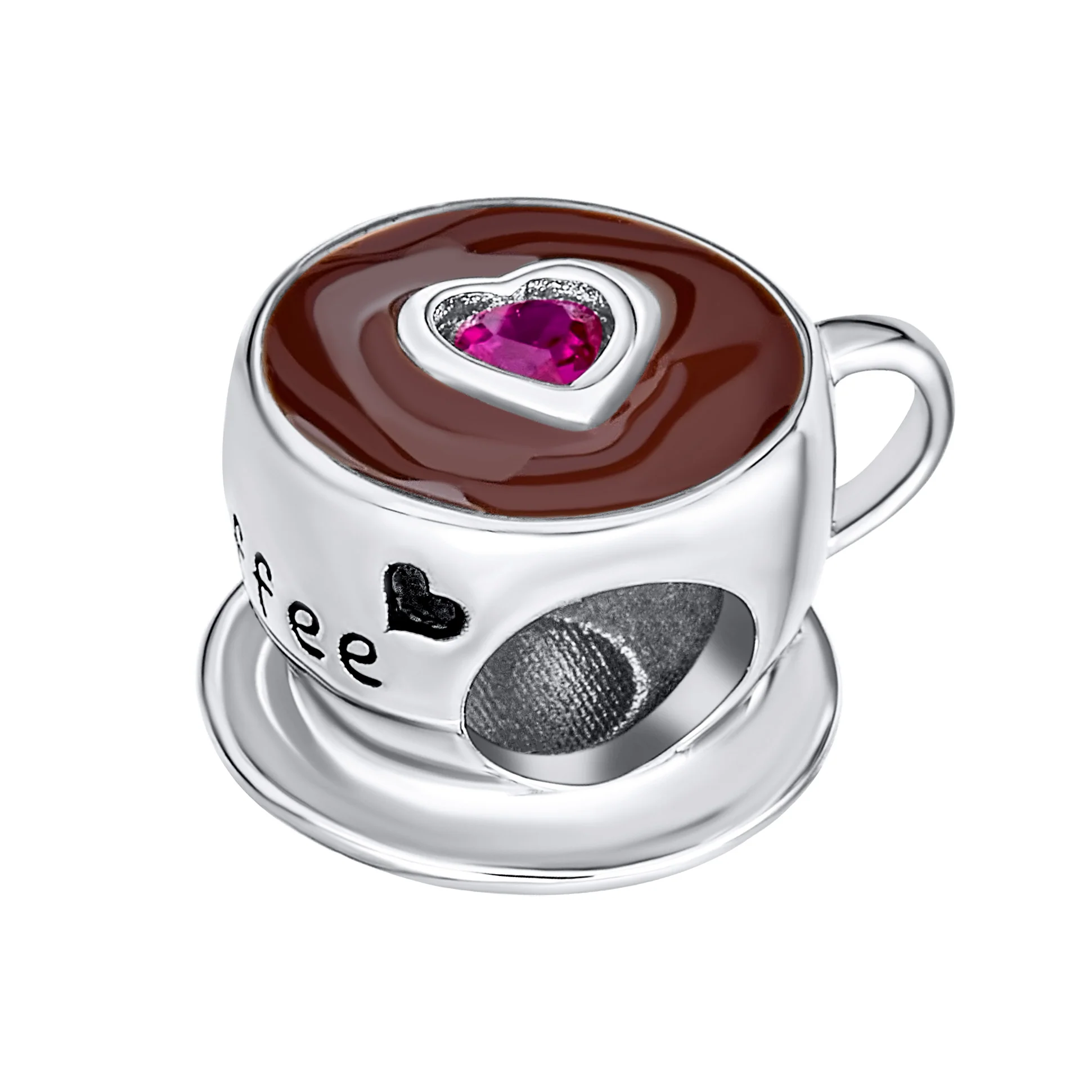 Red CZ Heart Coffee Cup Charm Bead Sterling Silver for European Bracelets - Image 3