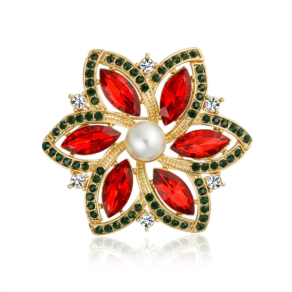 Large Statement Red Green Marquise Crystal & Fashion Pearl Flower Brooch Scarf Pin Gold Plated
