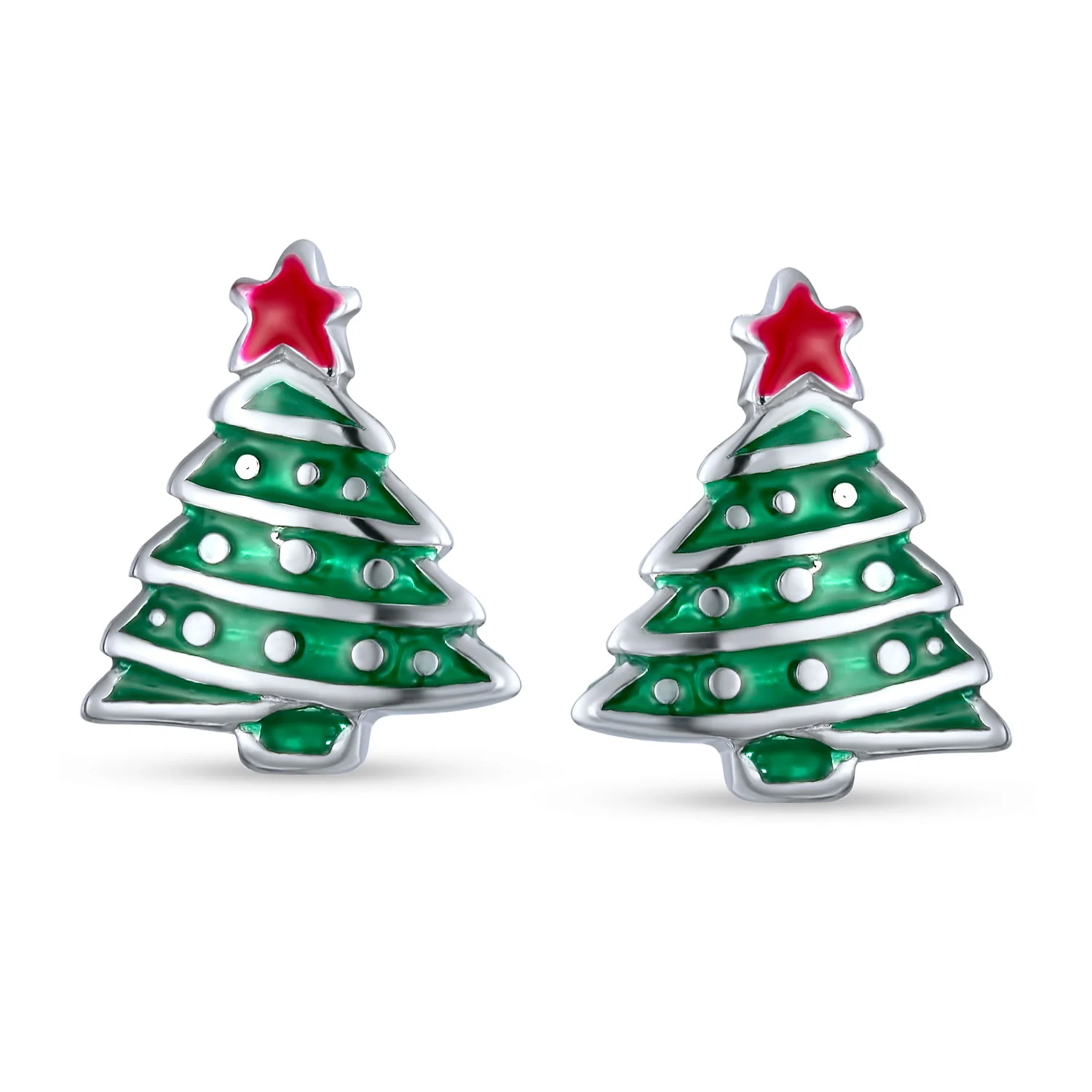 Red Star Enamel & Green Christmas Tree Stud Earrings in Sterling Silver - Image 2