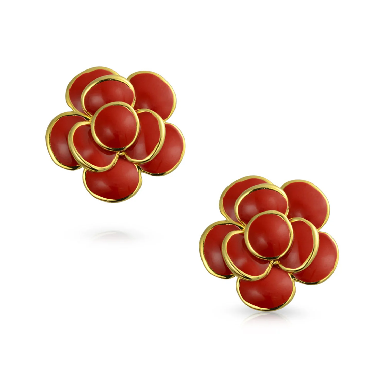 3D Rose Flower Enamel Earrings Retro Button Gold Plated - Image 3