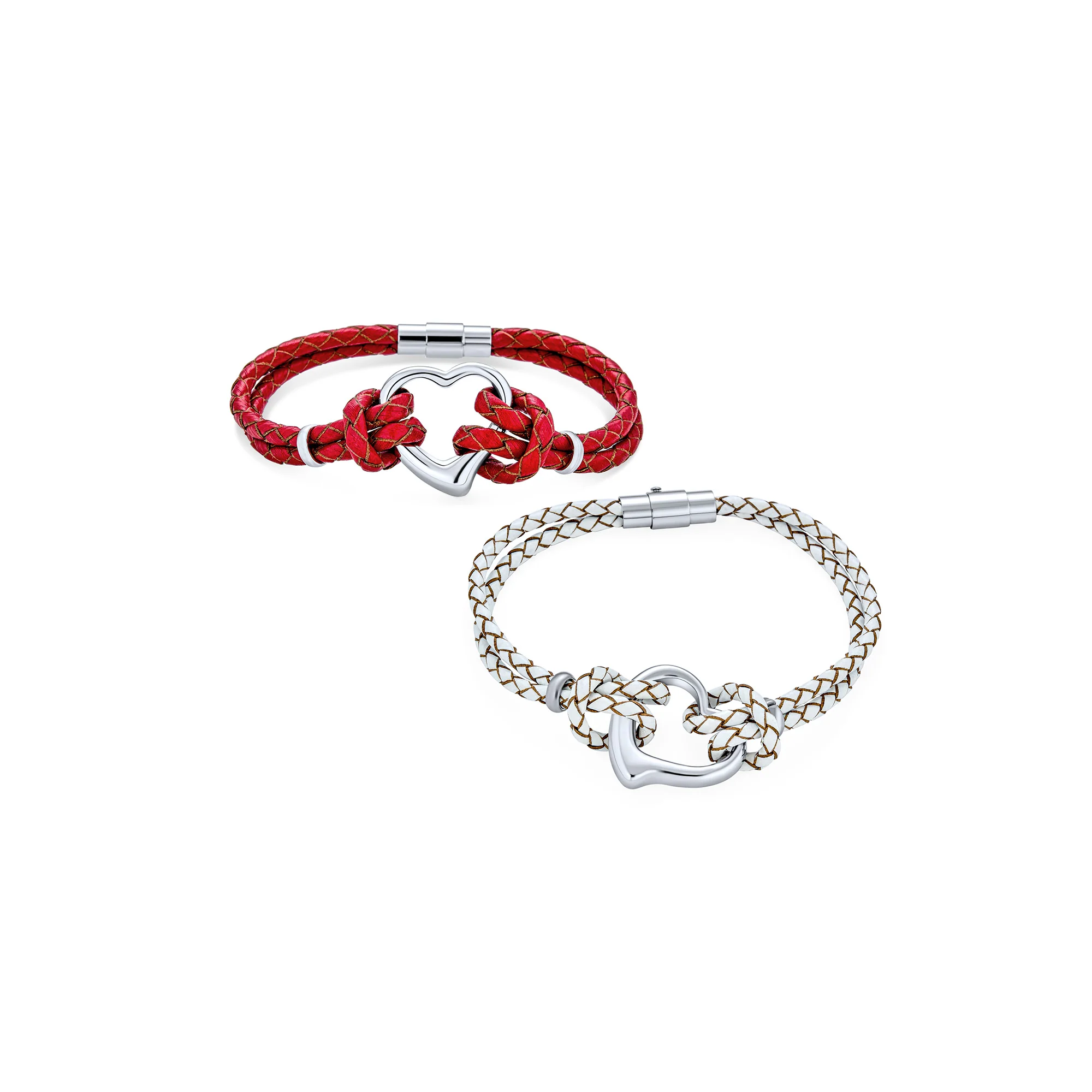 Romantic Red Braided Leather Multi Wrap Open Heart Charm Bracelet Stainless Steel