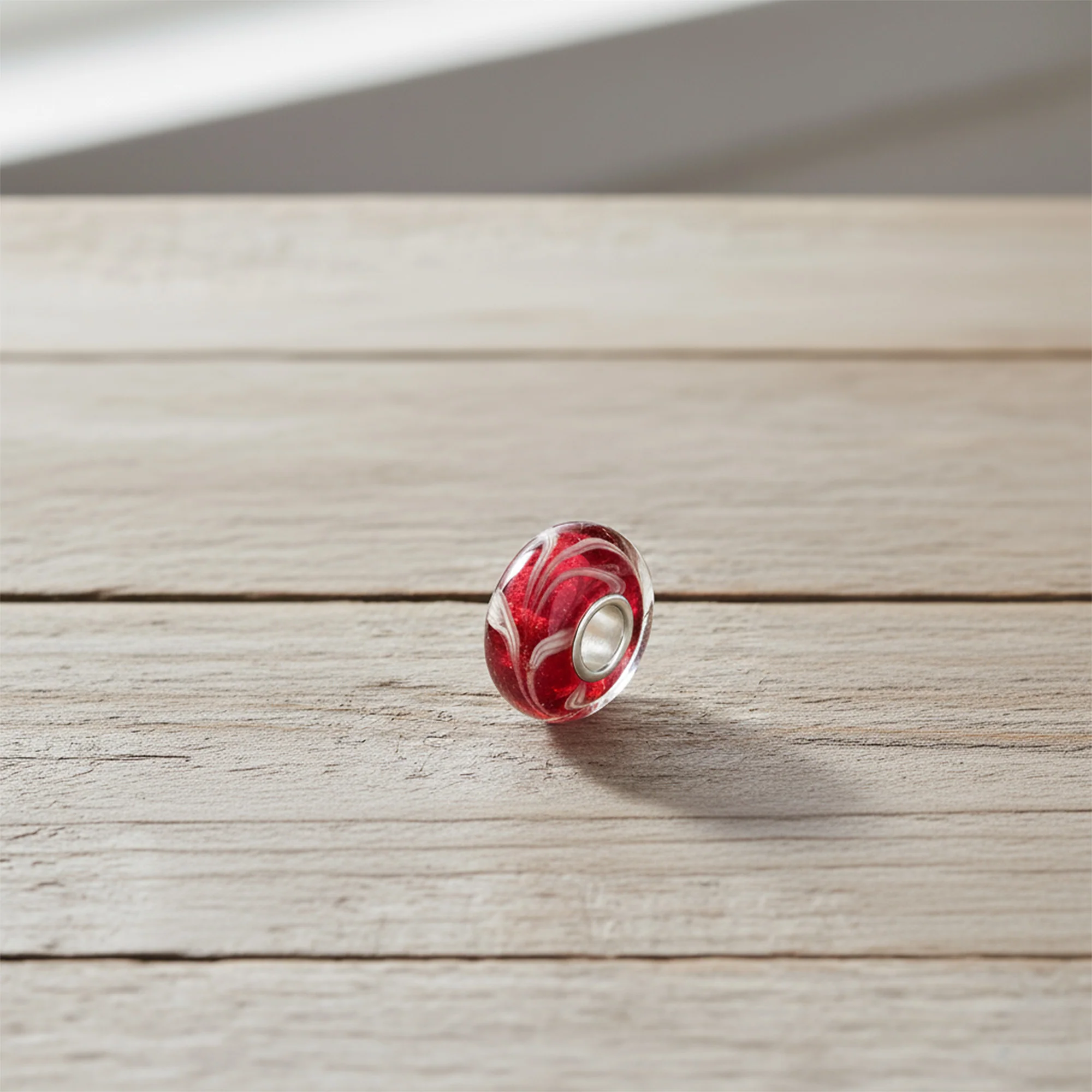Red White Vine Murano Glass Charm Bead with Sterling Silver Core for Bracelets - Image 3