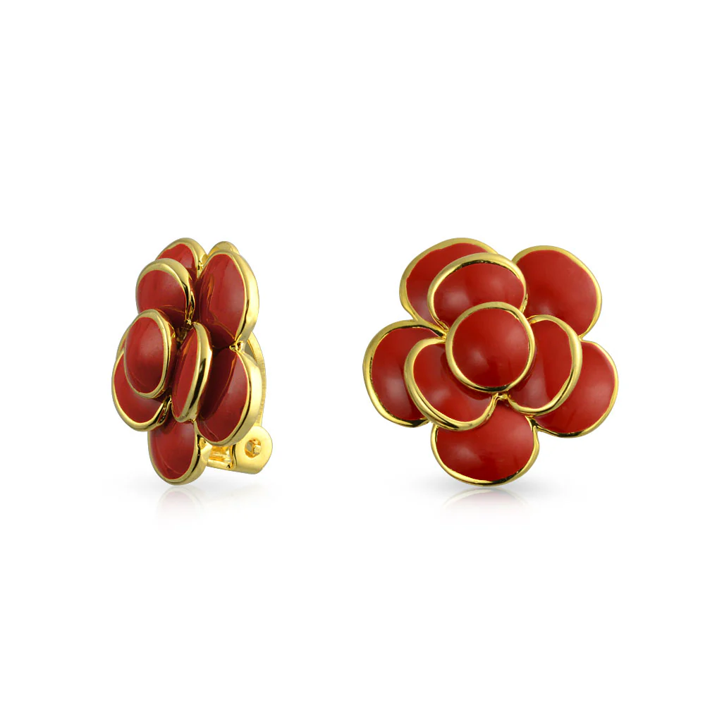 Fashion Enamel 3D Red Rose Flower Clip on Earrings Button Style For Non-Pierced Ears Gold Plated