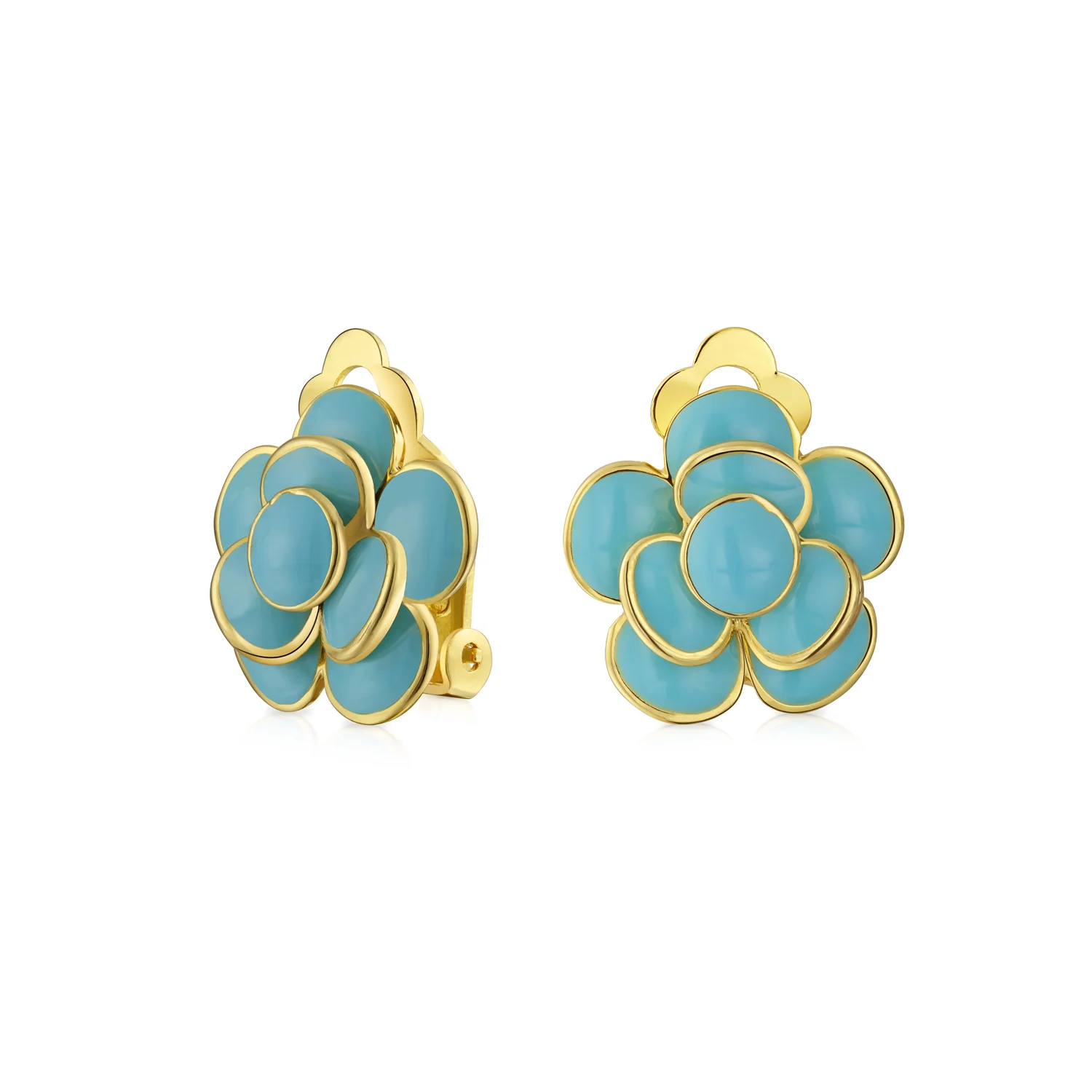 Fashion Enamel 3D Red Rose Flower Clip on Earrings Button Style For Non-Pierced Ears Gold Plated - Image 2