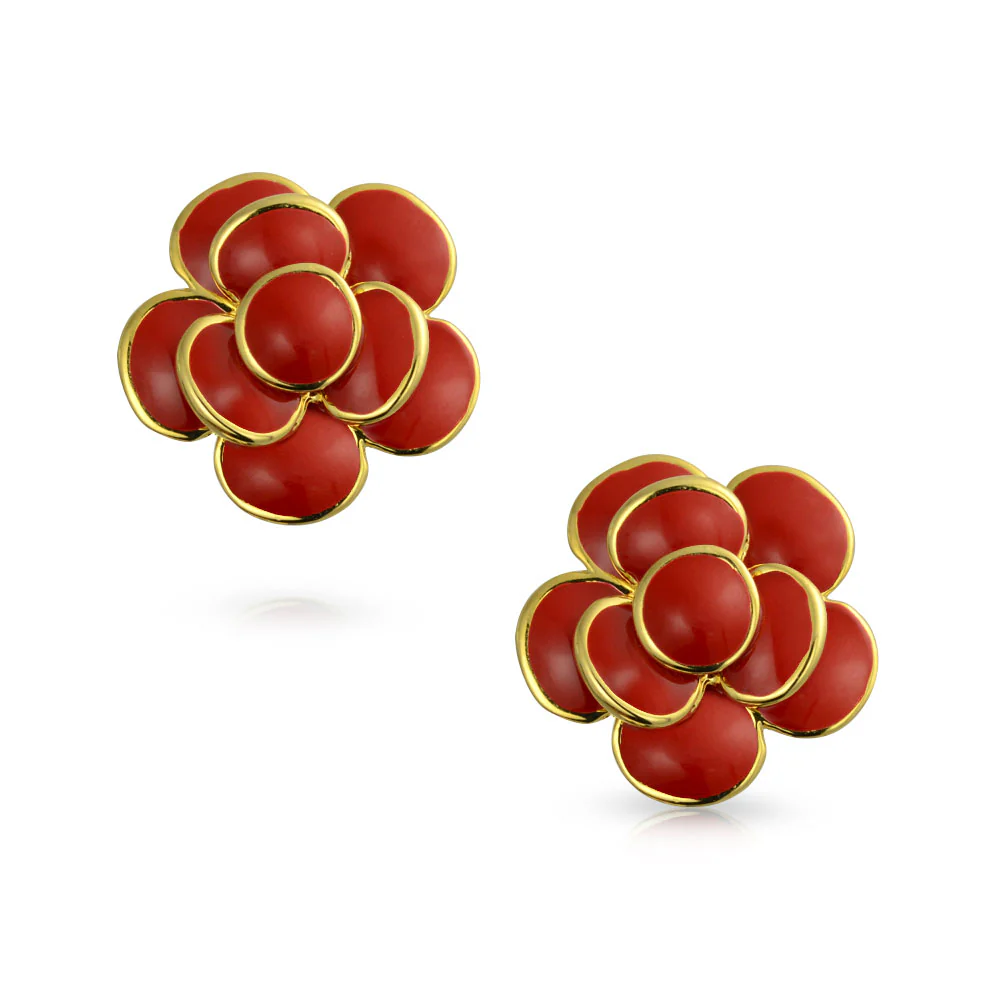 Fashion Enamel 3D Red Rose Flower Clip on Earrings Button Style For Non-Pierced Ears Gold Plated - Image 3