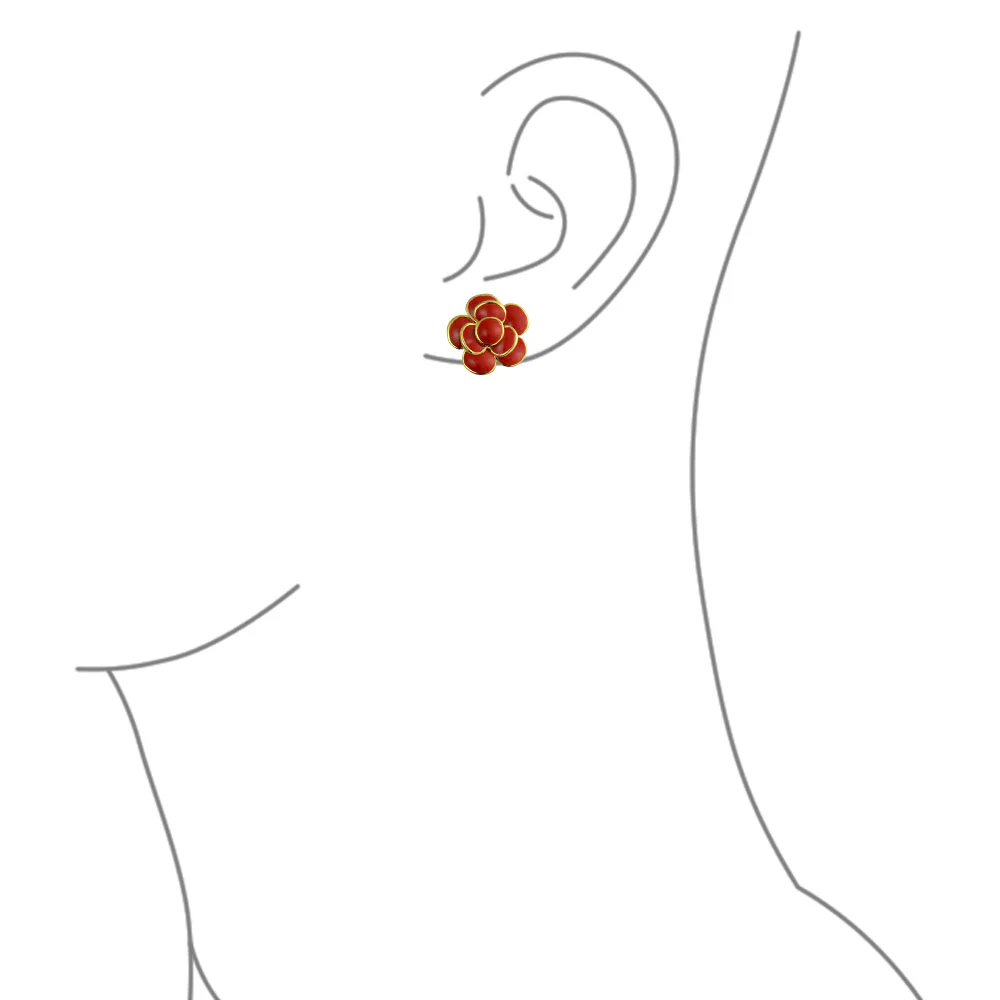 Fashion Enamel 3D Red Rose Flower Clip on Earrings Button Style For Non-Pierced Ears Gold Plated - Image 9