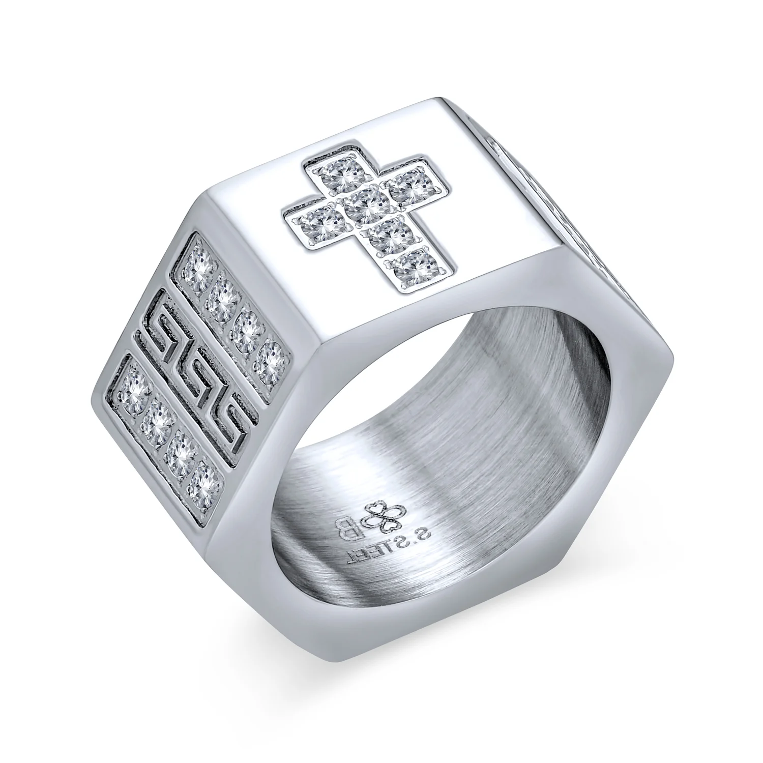 Religious Mens Stainless Steel Greek Key CZ Cross Ring Band Silver Tone - Image 2