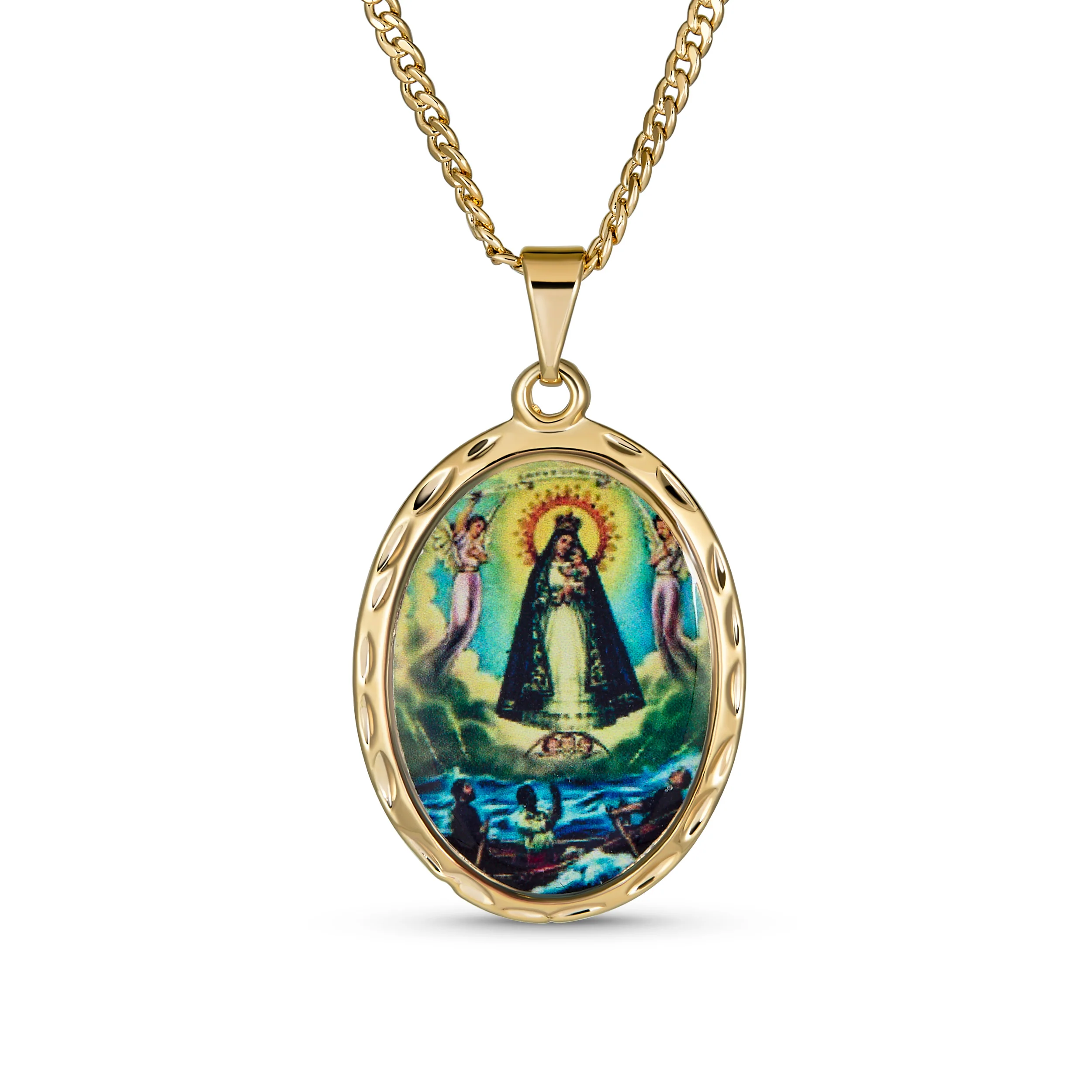 Religious Medal Oval Medallion Mother Virgin Mary Color Photo Pendant Necklace Gold Plated