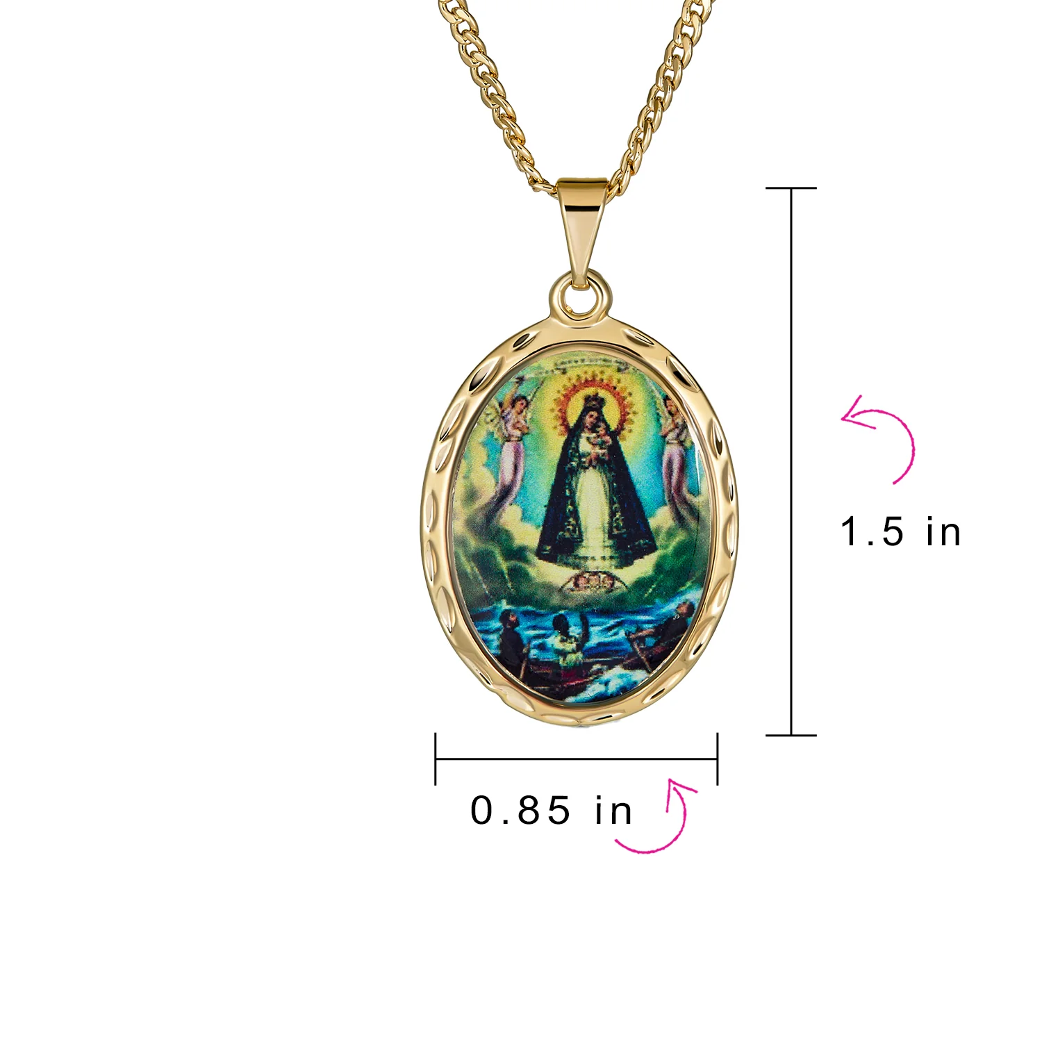 Religious Medal Oval Medallion Mother Virgin Mary Color Photo Pendant Necklace Gold Plated - Image 4
