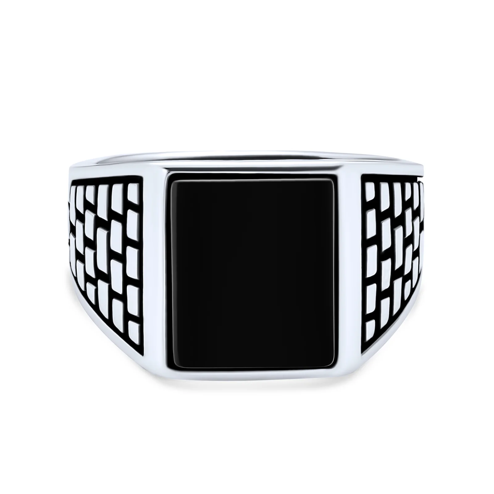 Retro Classic Mens Silver Ring with Black Onyx Gemstone Rectangle Signet Design - Image 2