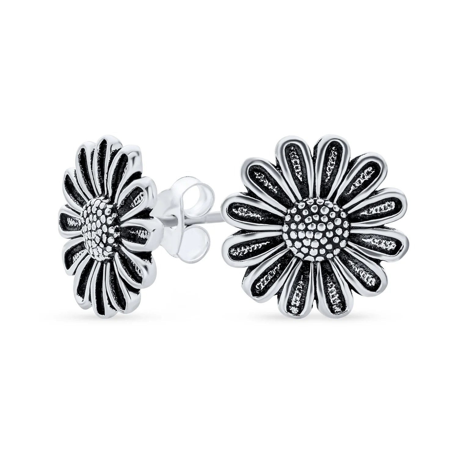 Retro Floral Garden Party Sunflower Stud Earrings in Oxidized Sterling Silver