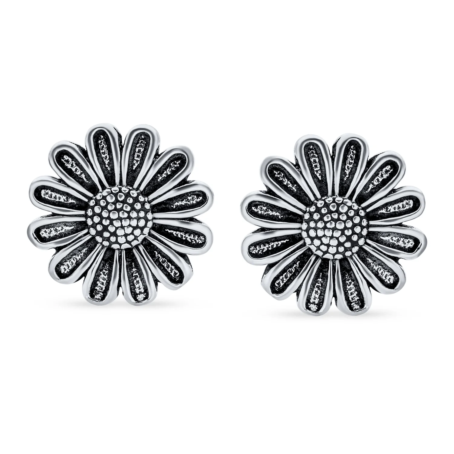 Retro Floral Garden Party Sunflower Stud Earrings in Oxidized Sterling Silver - Image 2