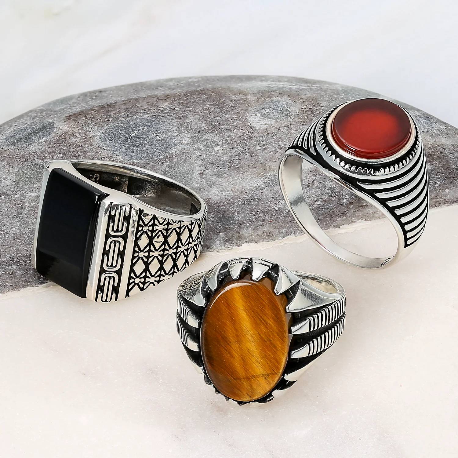 Retro Grooved Mens Silver Ring Black Onyx Square Signet Sterling Silver Band - Image 7