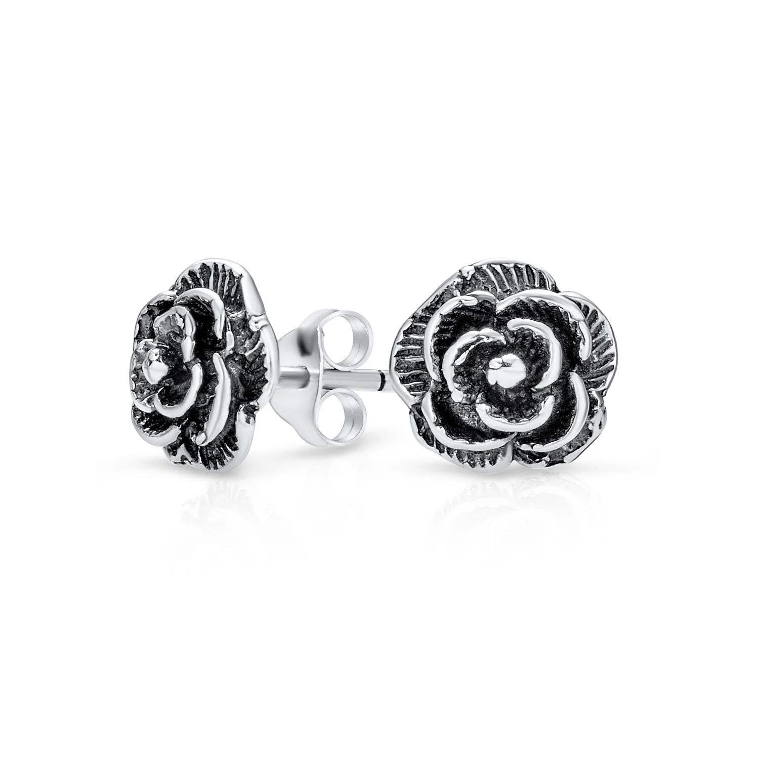 Retro Vintage Floral Black Rose Stud Earrings in Oxidized Sterling Silver 8MM