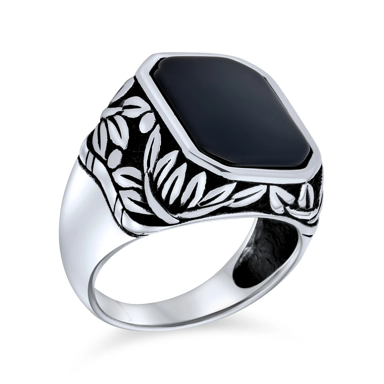 Retro Vintage Leaf Vine Black Onyx Octagon Rectangle Signet Ring Sterling Silver