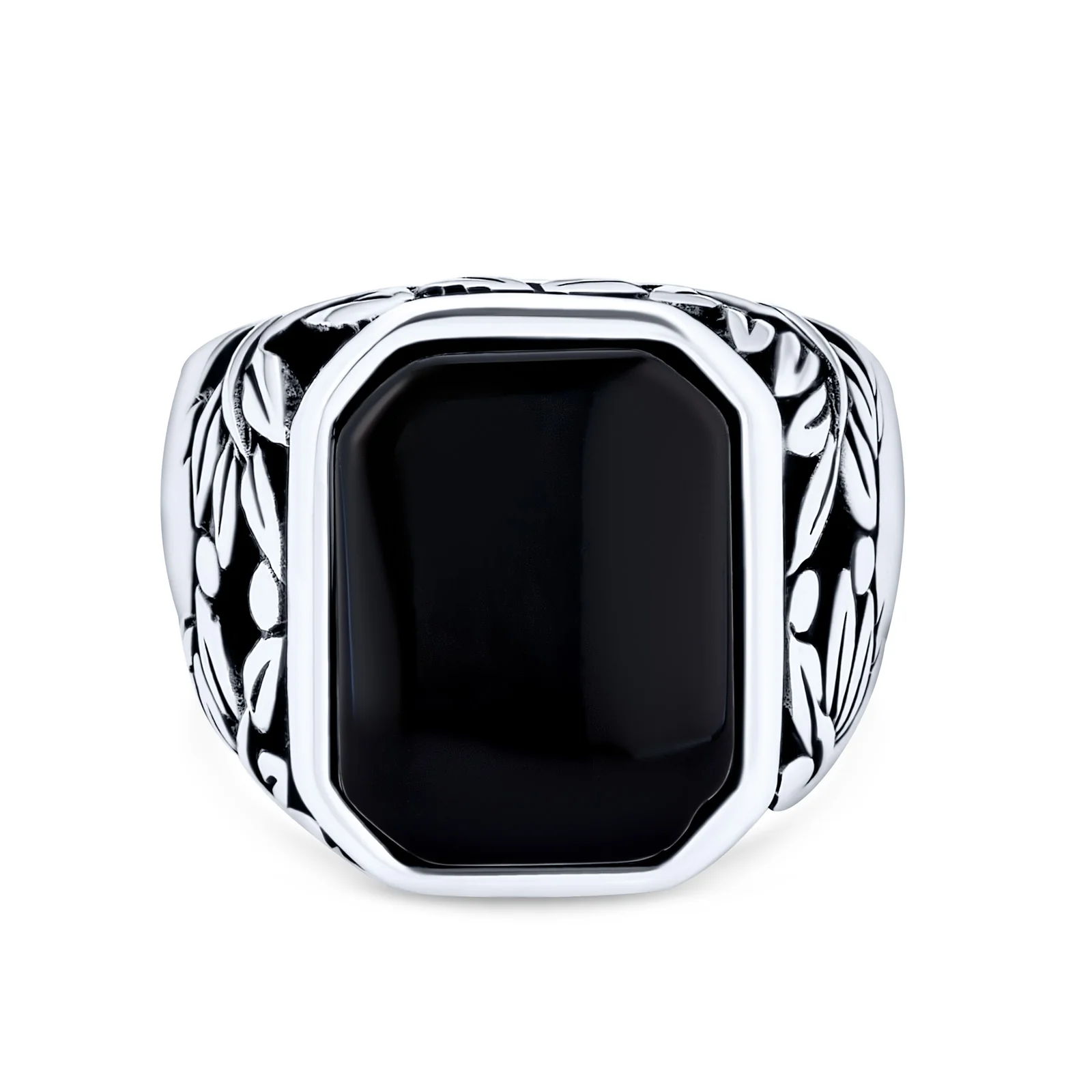 Retro Vintage Leaf Vine Black Onyx Octagon Rectangle Signet Ring Sterling Silver - Image 2