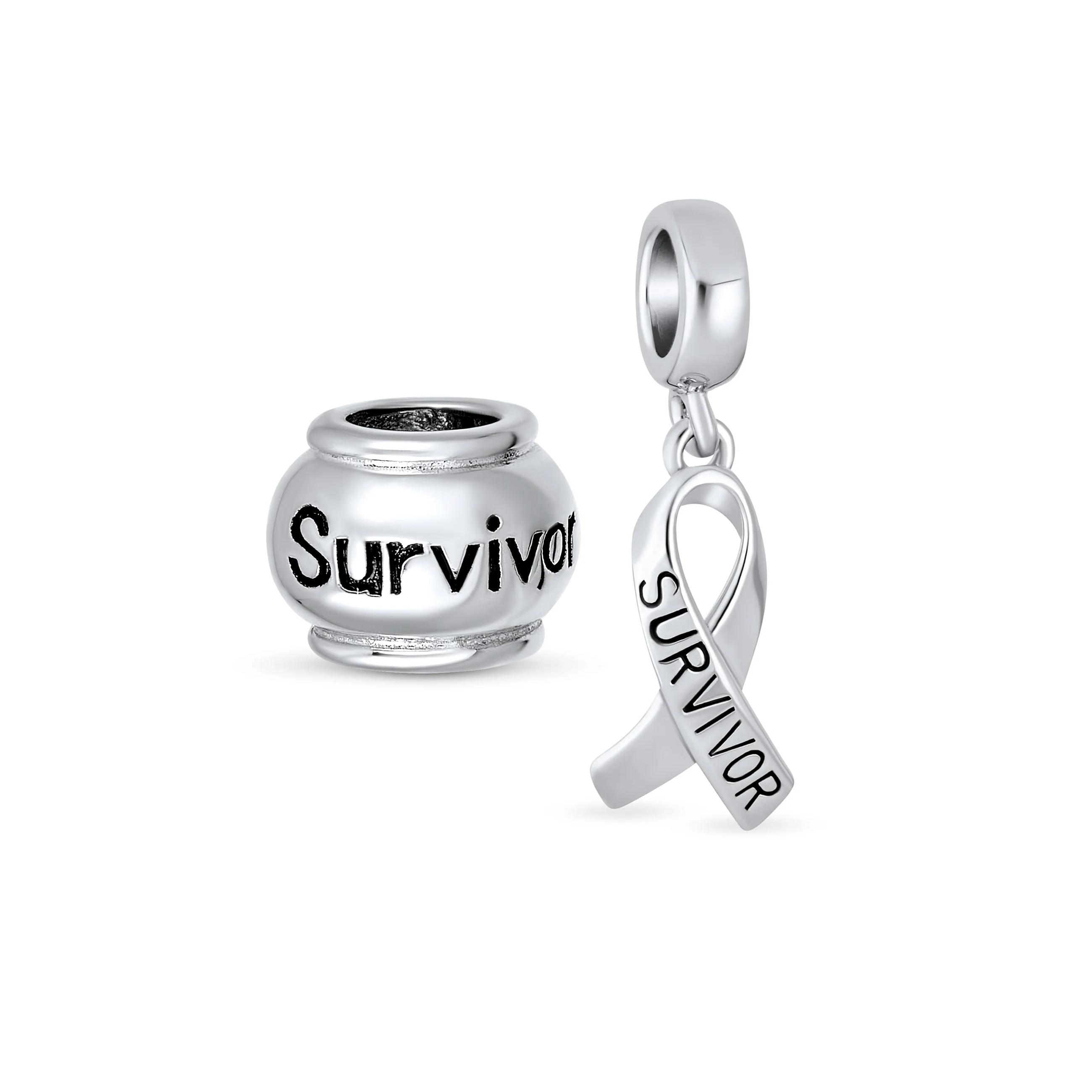 Set of 2 Ribbon Breast Cancer Survivor Message Dangle Charm Bead Silver