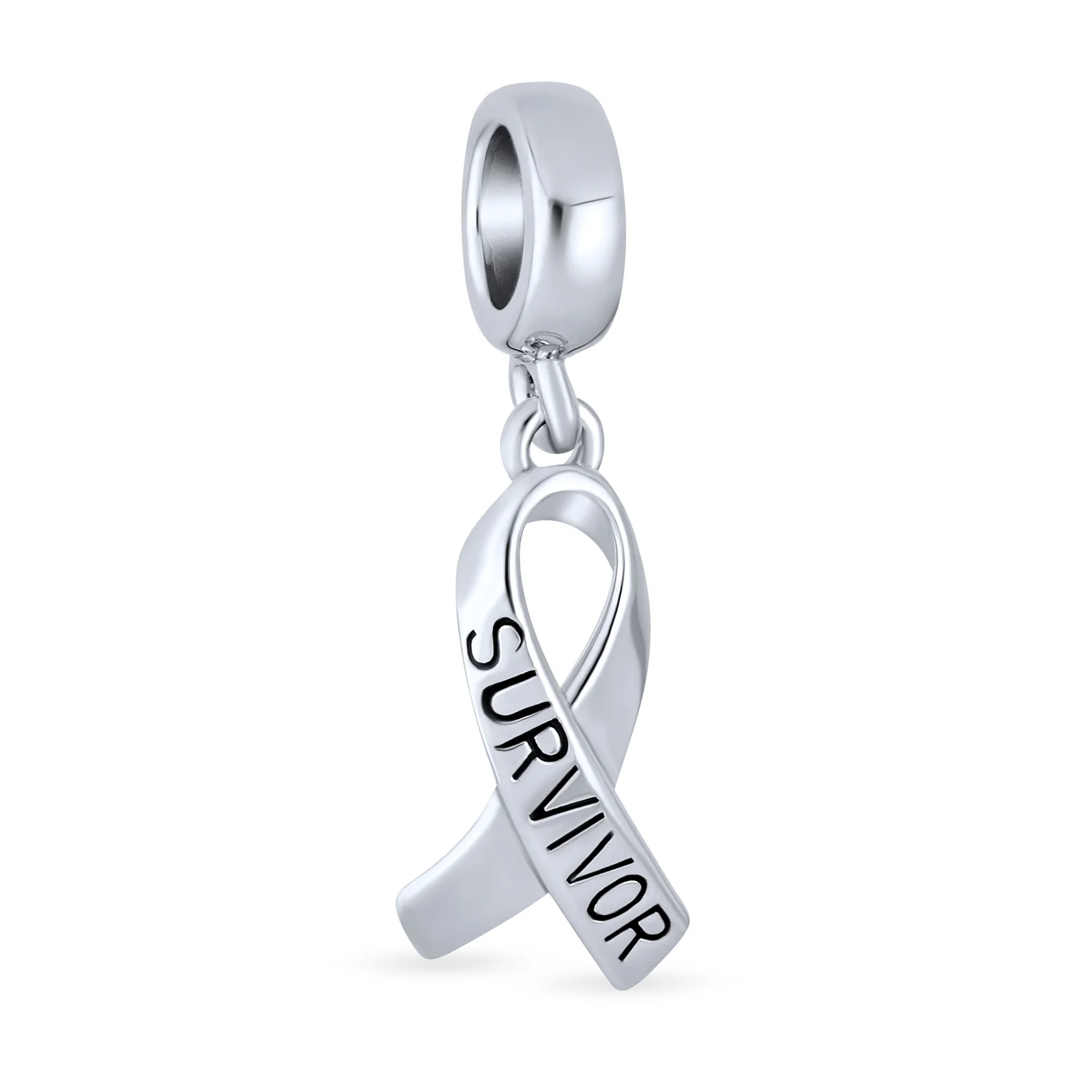 Set of 2 Ribbon Breast Cancer Survivor Message Dangle Charm Bead Silver - Image 5