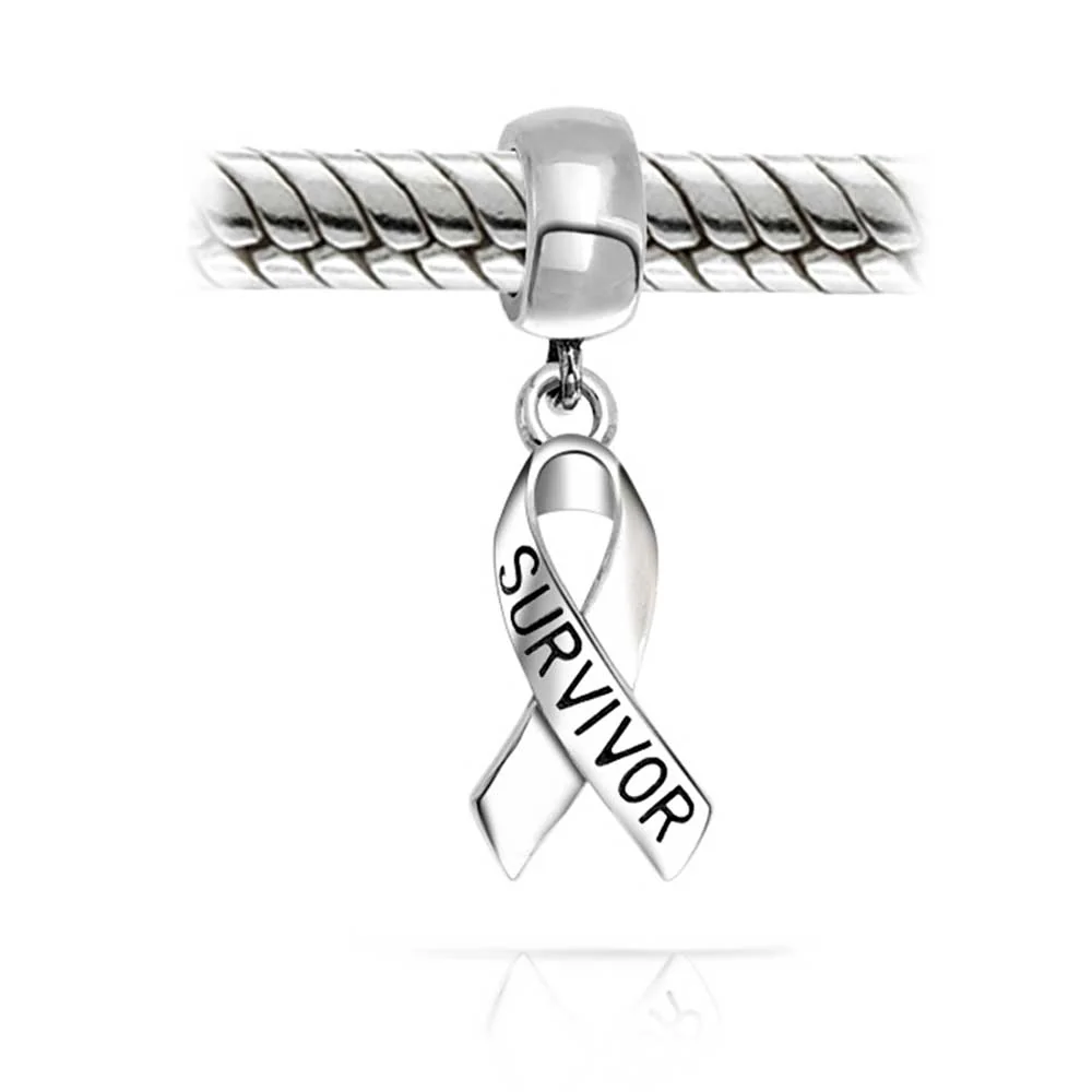 Set of 2 Ribbon Breast Cancer Survivor Message Dangle Charm Bead Silver - Image 6