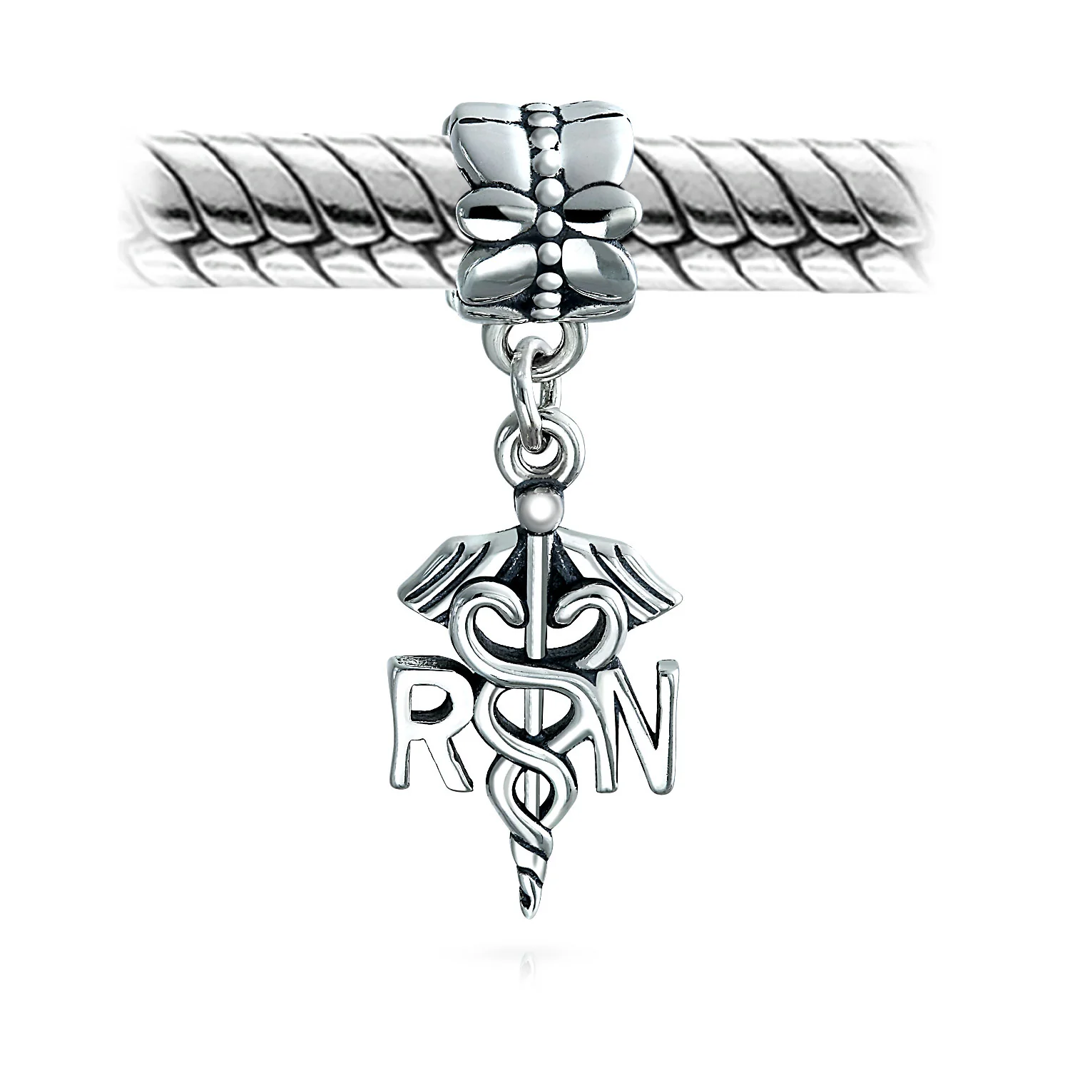 RN Nurse Hat Caduceus Dangle Charm Bead Sterling Silver for European Bracelet - Image 2