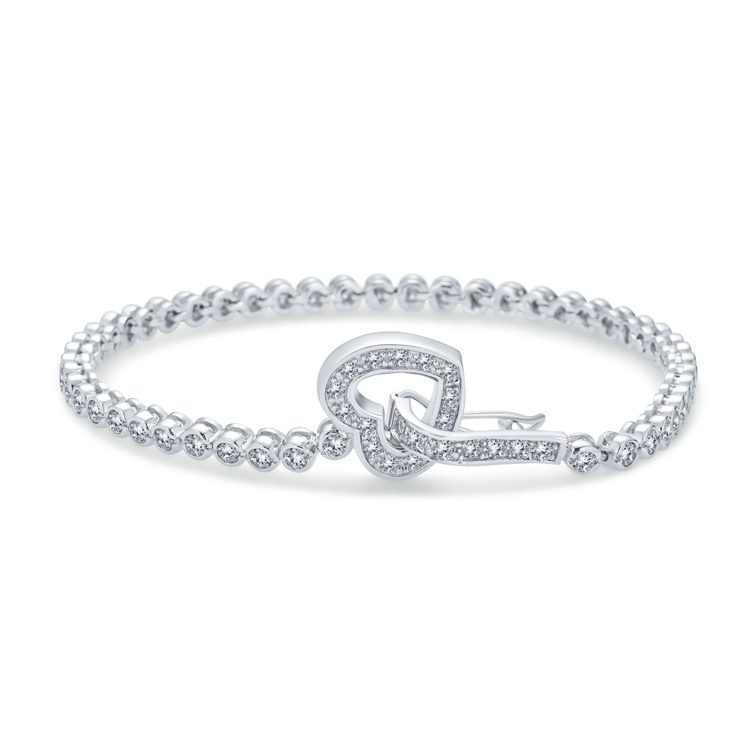 Sweetheart Bezel Set CZ Cubic Zirconia Tennis Bracelet Heart Shaped Clasp Sterling Silver 7.5 Inch