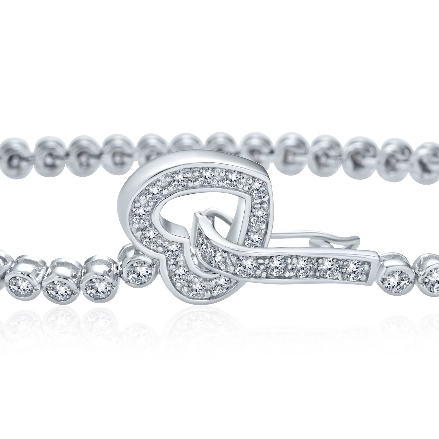 Sweetheart Bezel Set CZ Cubic Zirconia Tennis Bracelet Heart Shaped Clasp Sterling Silver 7.5 Inch - Image 2