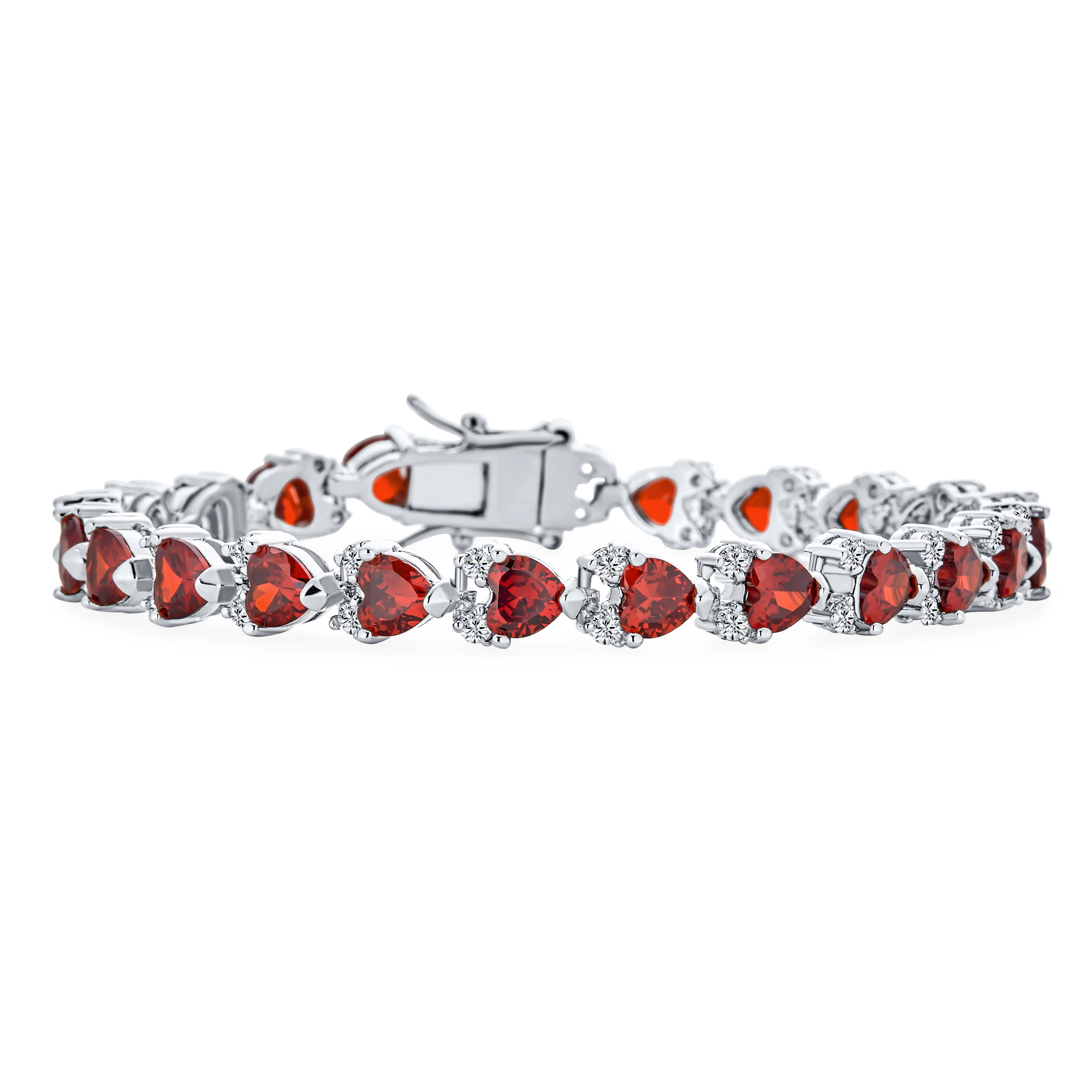 Romantic Red Clear Cubic Zirconia CZ Heart Shape Tennis Bracelet 7-7.5 Inch Silver Plated - Image 2