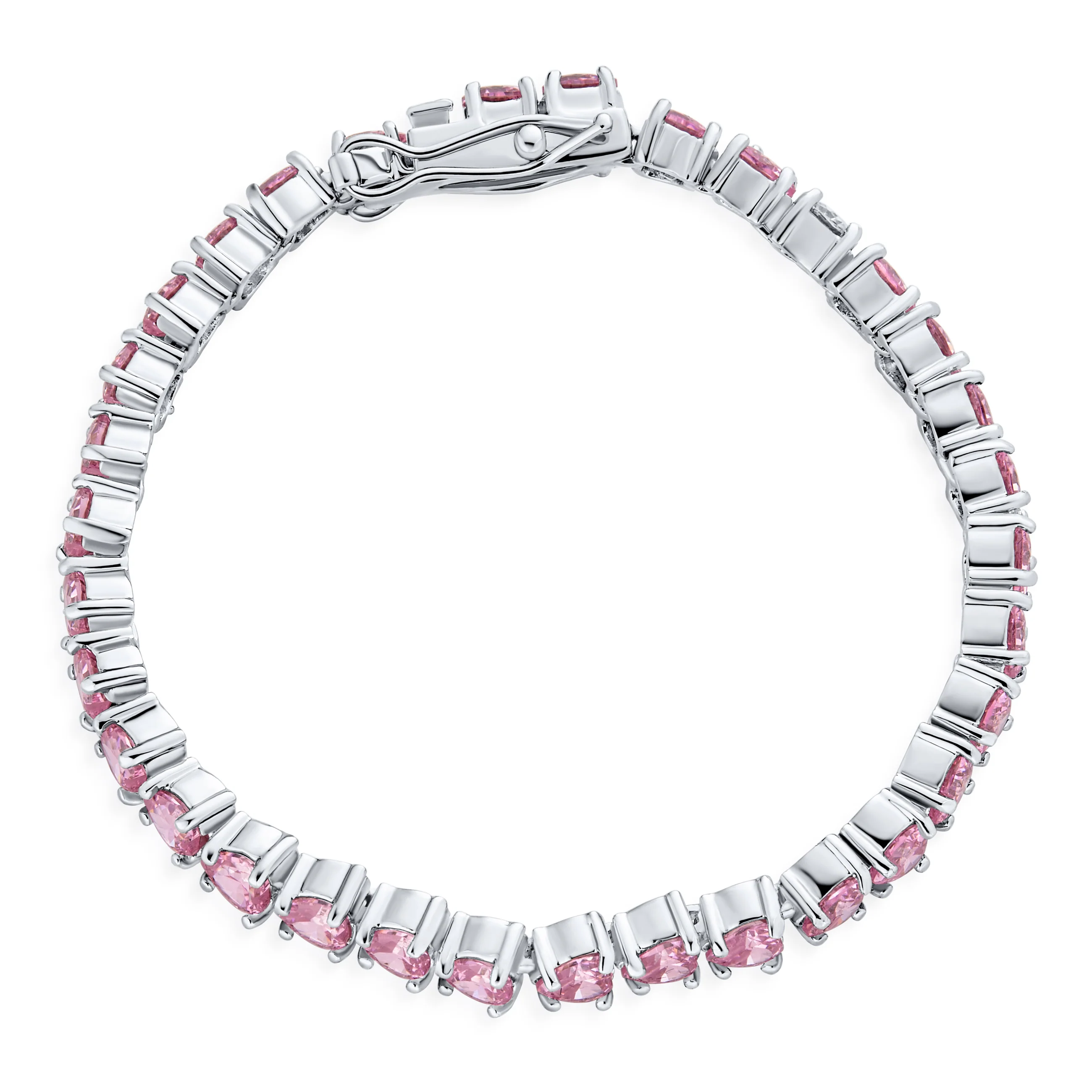 Romantic Classic Hearts Shape Pink CZ Tennis Bracelet Silver Plated Rhodium 7 Inch - Image 2