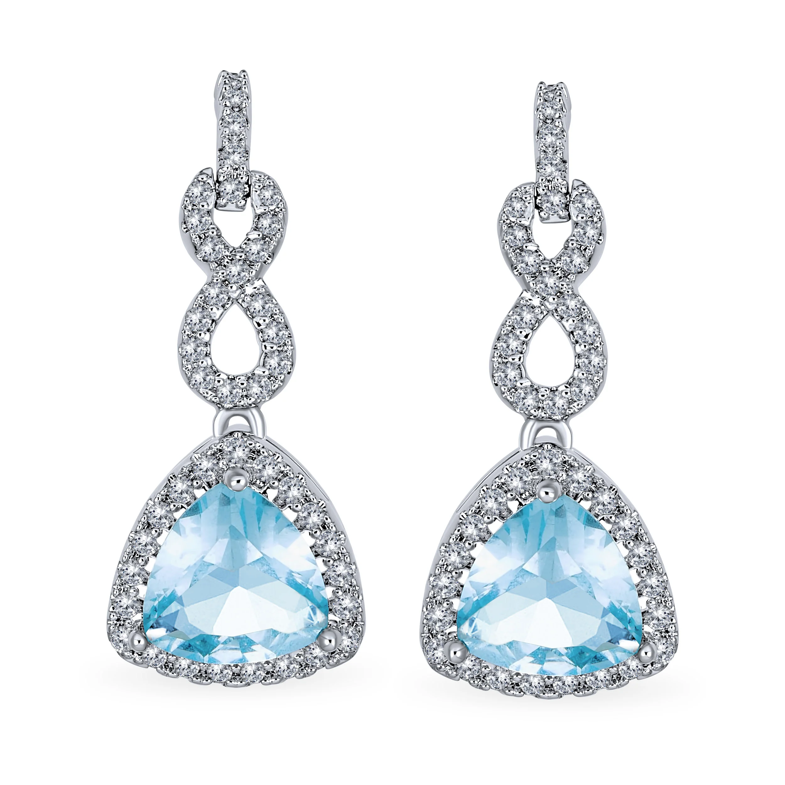Cocktail 5CT Aqua Blue CZ Halo Cubic Zirconia Trillion Cut Infinity Chandelier Earrings Silver - Image 2
