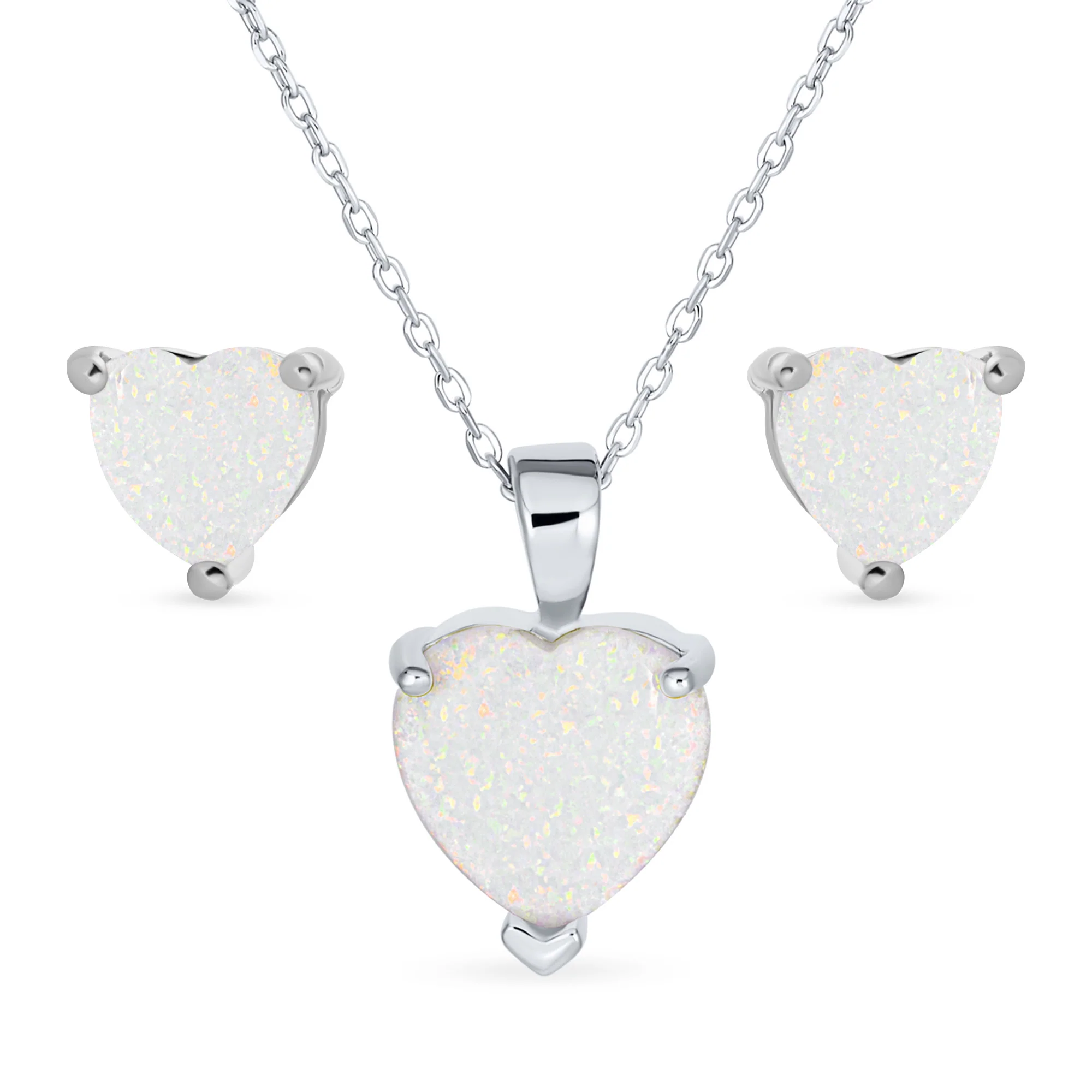 Romantic Bridal Opal Heart Pendant Necklace and Stud Earrings Sterling Silver