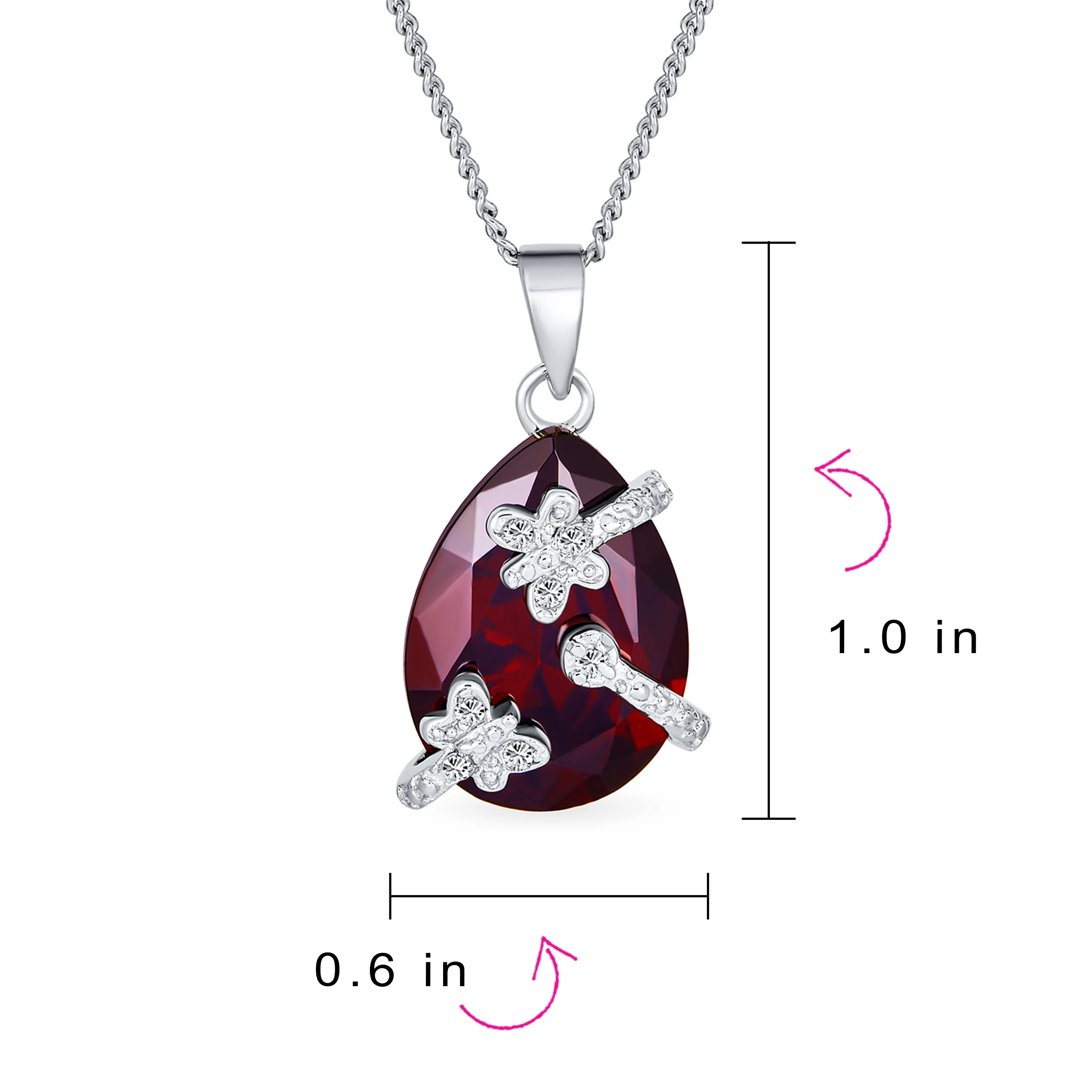 Romantic Pave Butterfly Ruby Red Teardrop Pendant Necklace Sterling Silver Chain - Image 4