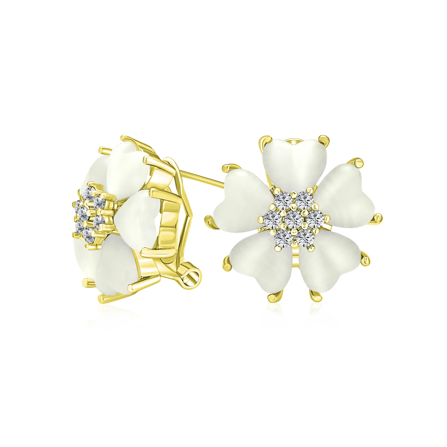 Romantic Cat Eye Heart-Shaped Petals Flower Stud Earrings with Omega Clip Earrings Gold For Pierced Ear