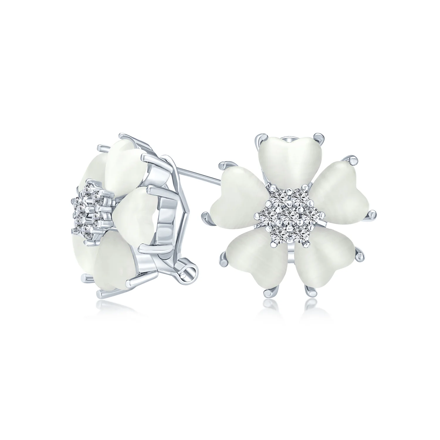 Romantic Cat Eye Heart-Shaped Petals Flower Stud Earrings with Omega Clip Earrings Gold For Pierced Ear - Image 2